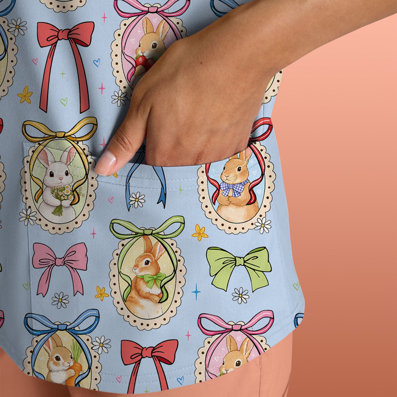 Cute Easter Bunny Cameo Colorful Bow Pattern Scrub Top, Breathable Fabrics Nursing Uniform