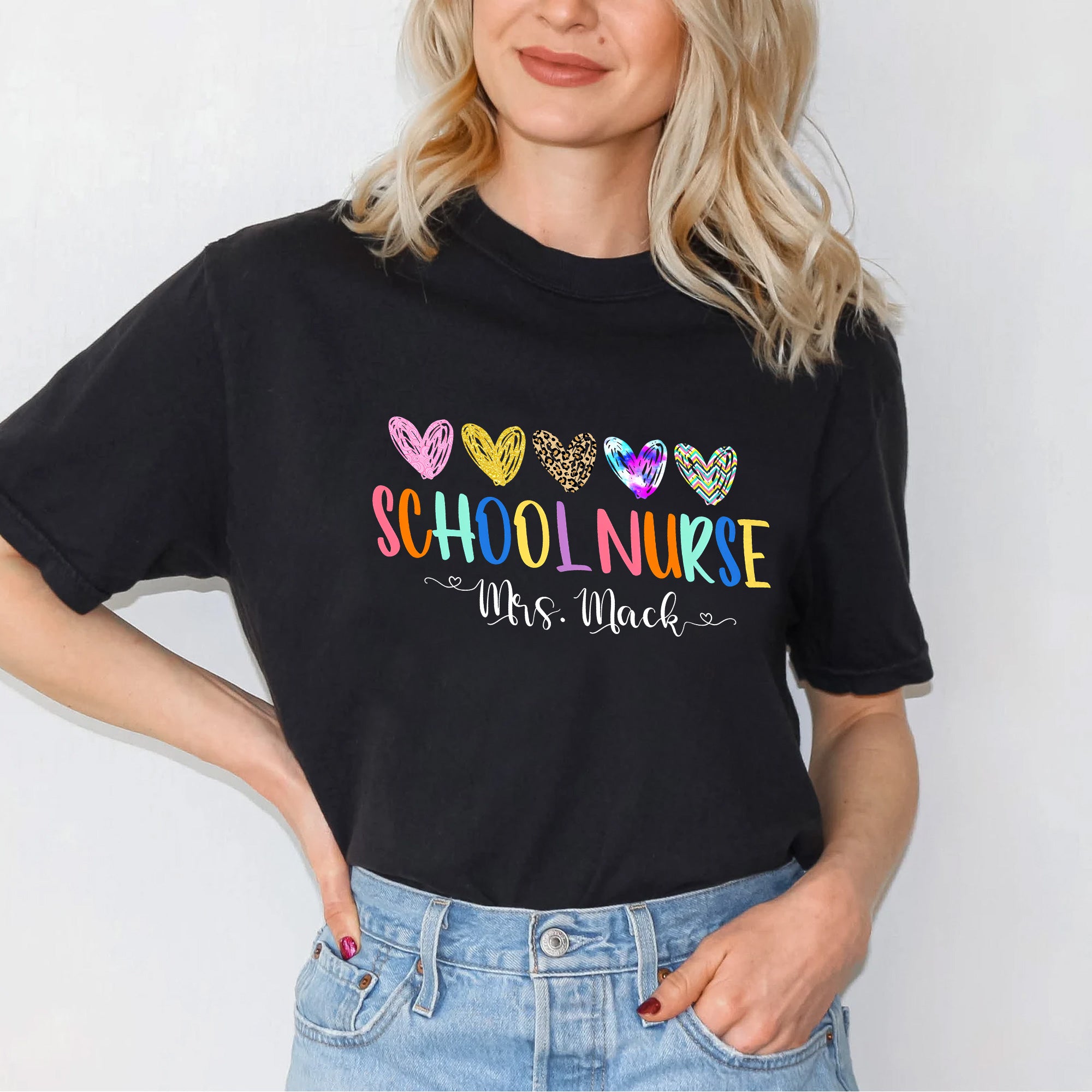 Personalized School Nurse Shirt for Women – Colorful Hearts & Name Customization – Cute Gift for Nurse Appreciation