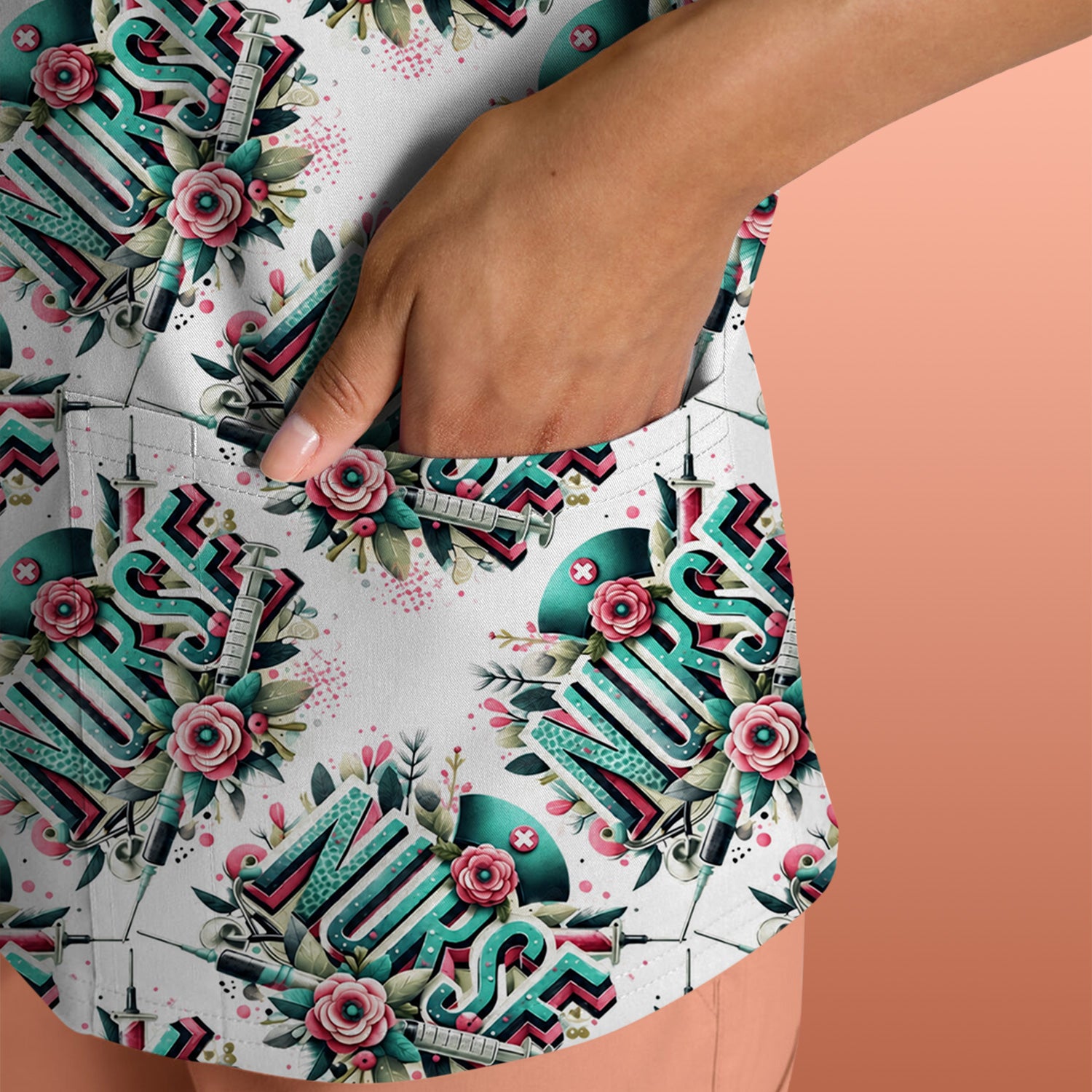 Cute Nurse Typography Floral Medical Pattern Scrub Top, Comfortable Scrubs for Nurses
