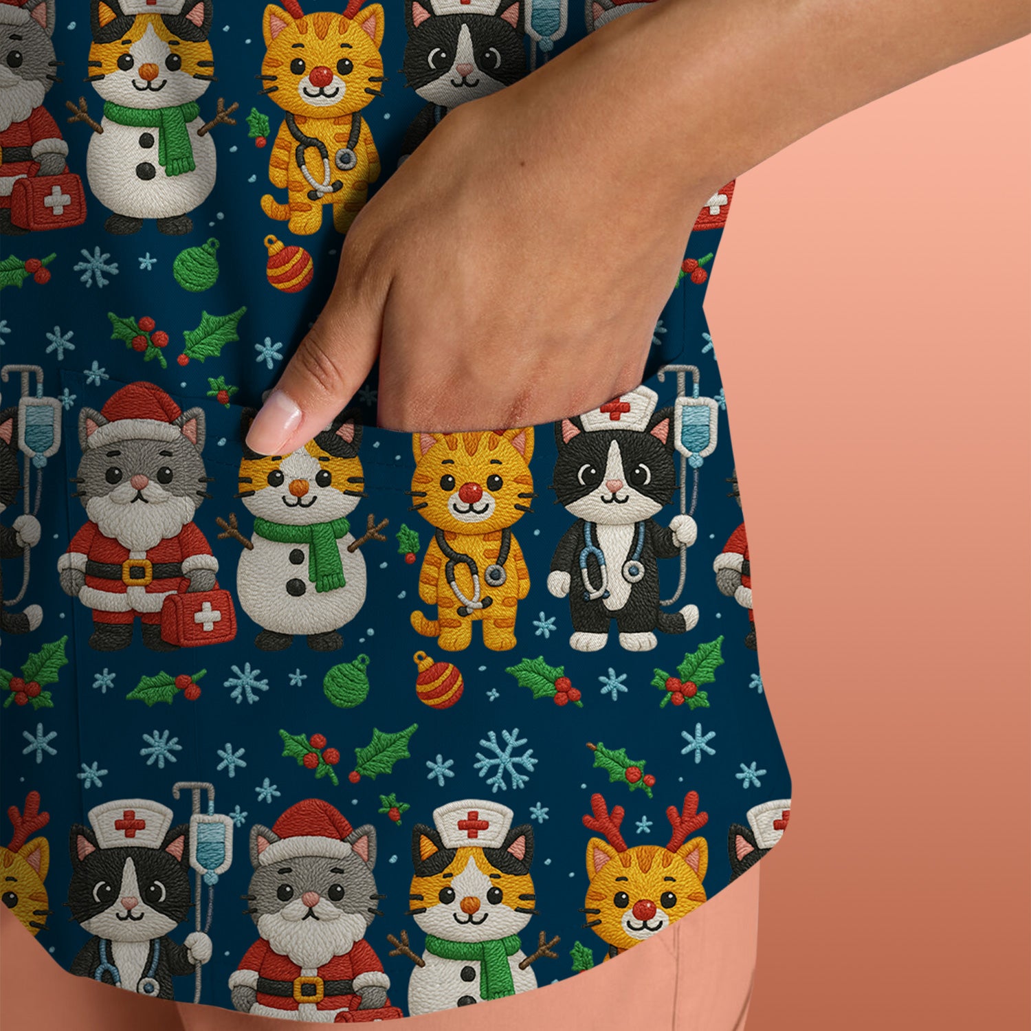 Christmas Cat Nurse Pattern Scrub Top, Cute Holiday Kitty Medical Uniform Shirt For Nursing