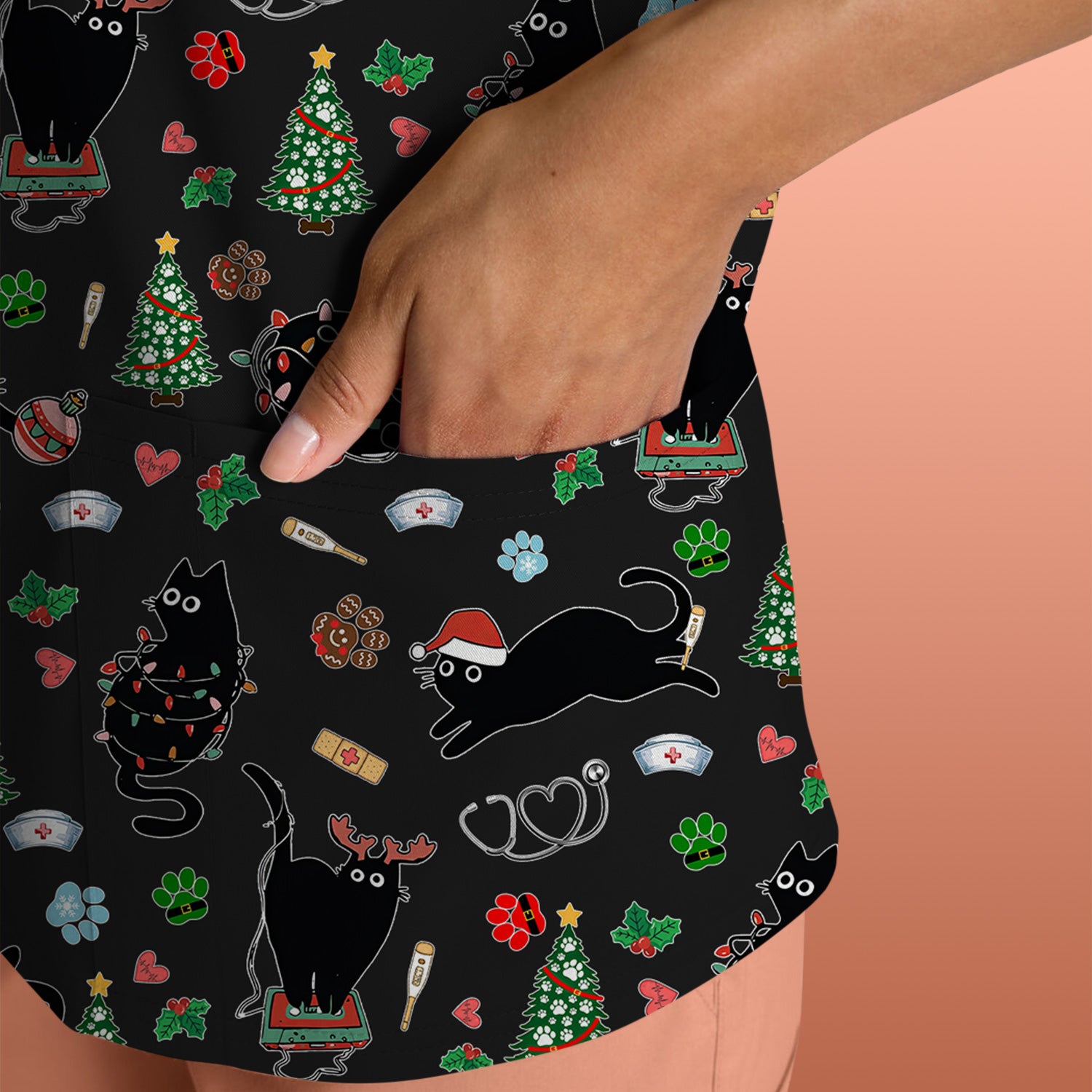 Black Cat Christmas Nurse Scrub Top, Festive Kitty Medical Uniform Shirt for Women