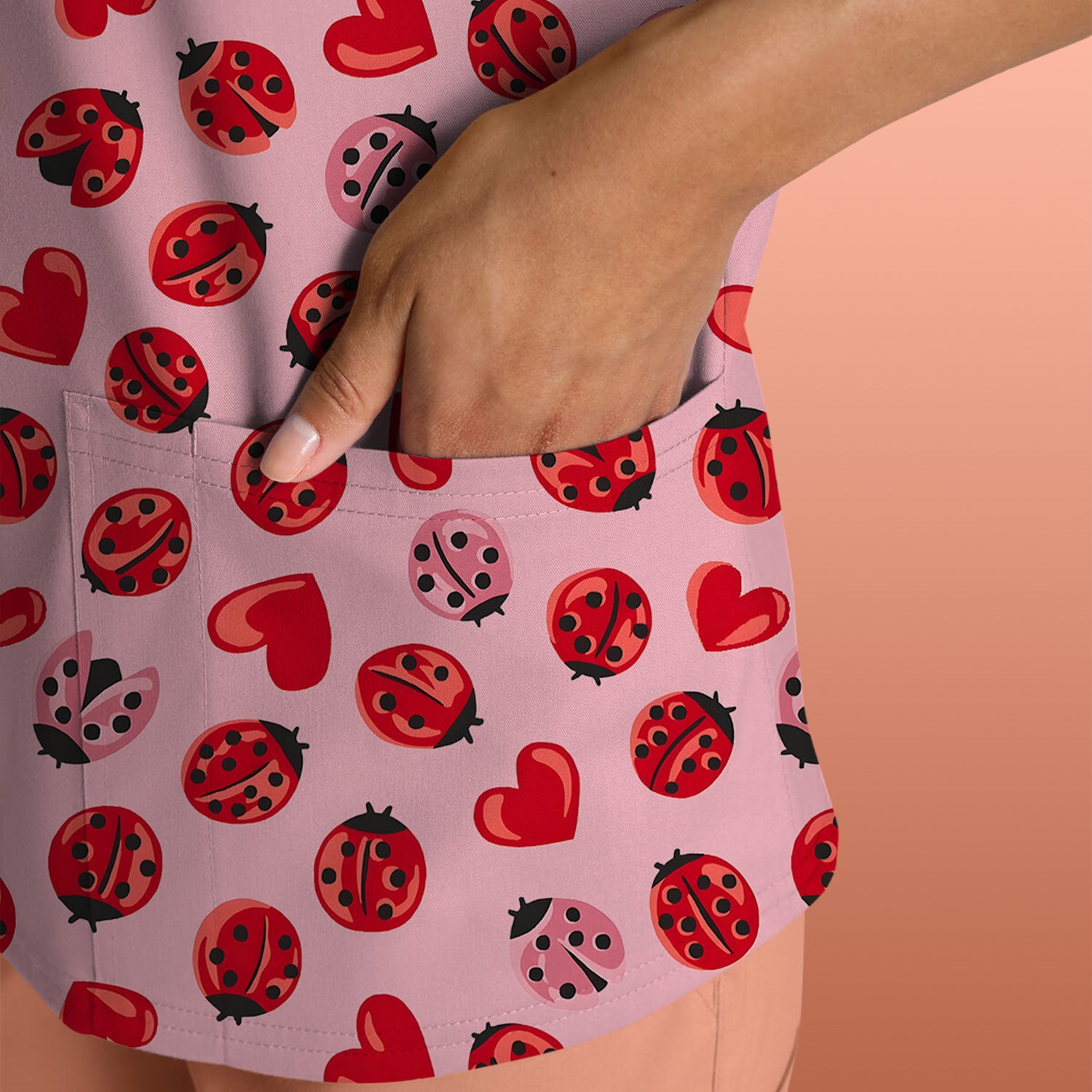 Cute Ladybug and Red Heart All Over Print Scrub Top, Comfortable Scrubs for Nurses