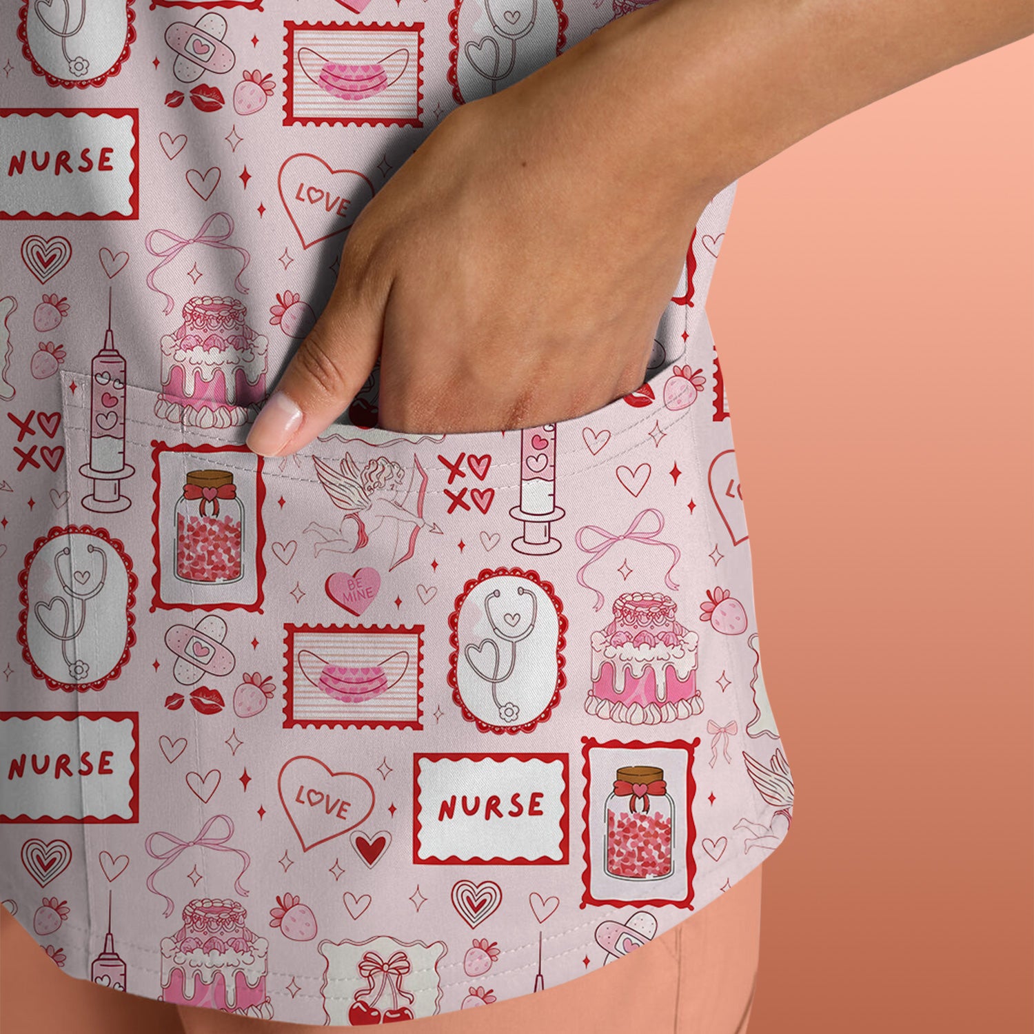 Nurse Icons Hearts Syringes Valentine Scrub Top, Breathable Nursing Uniform