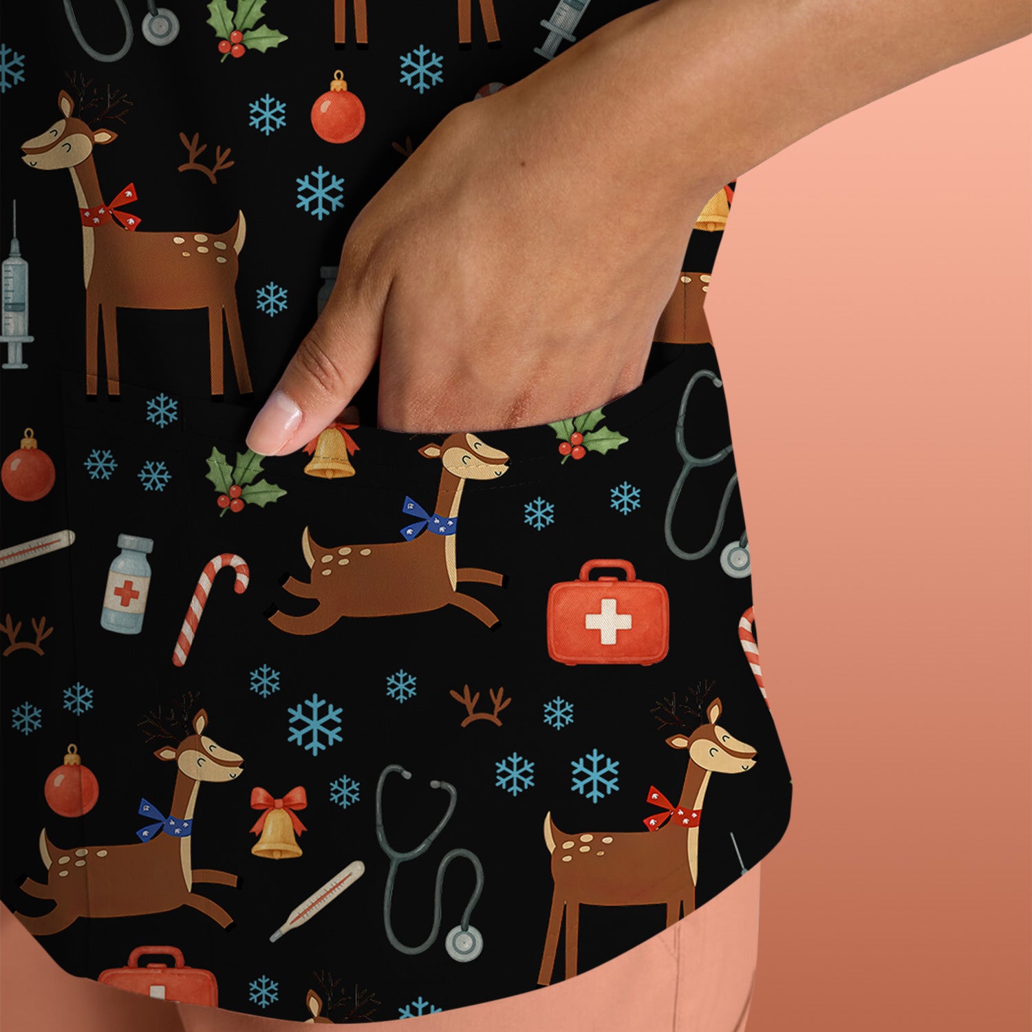 Christmas Reindeer Scrub Top for Nurses - Cute Reindeers Snowflakes Candy Canes Shirt - Comfortable Med Uniform