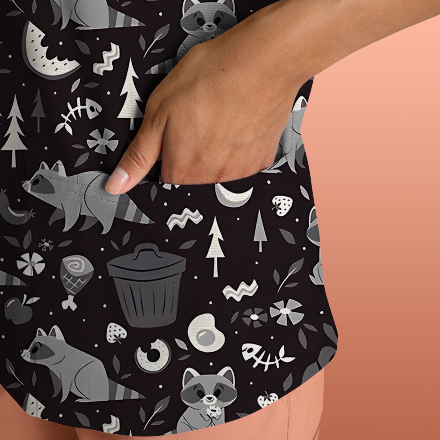 Cute Raccoon Forest Food Pattern Scrub Top, Breathable Fabrics Nursing Uniform