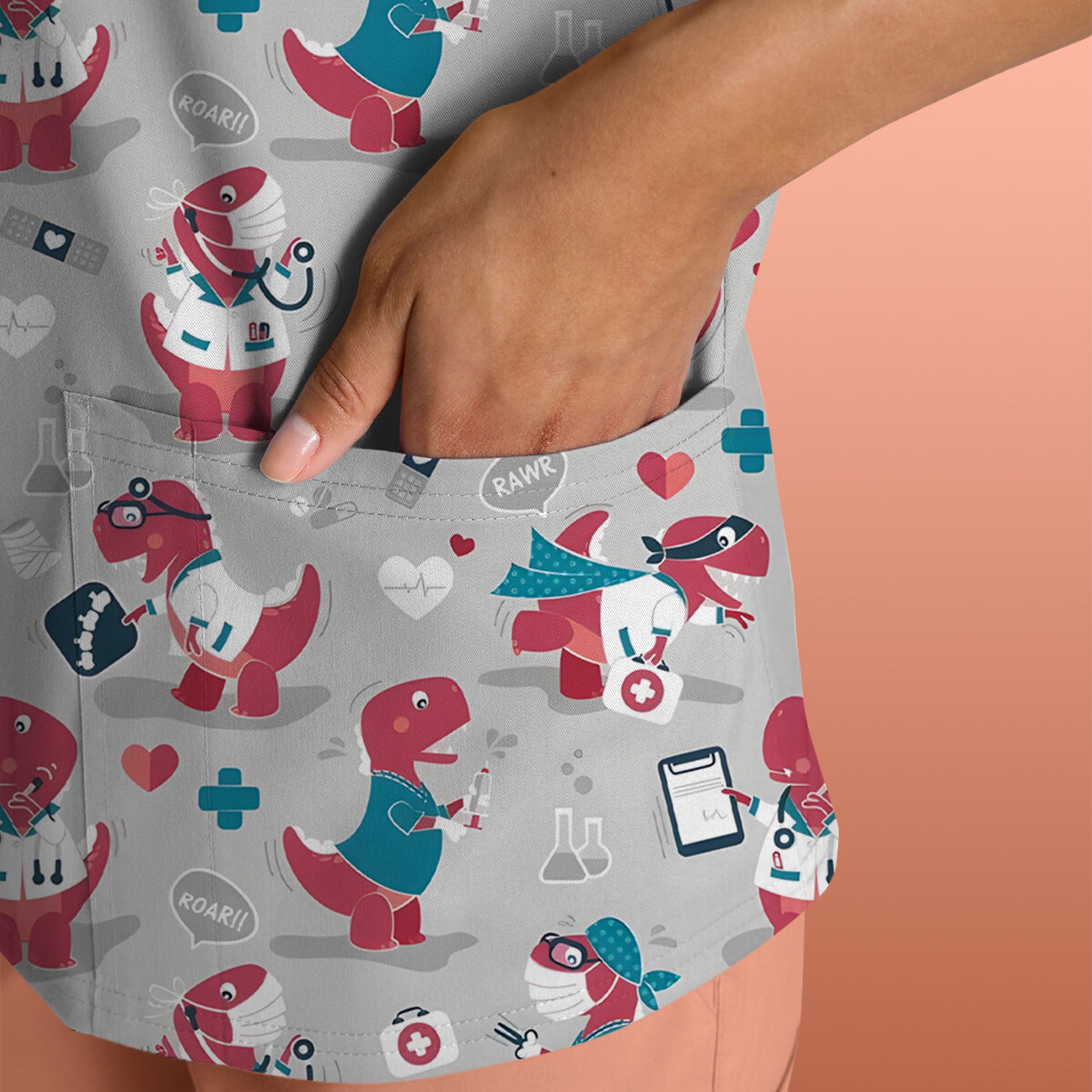 Cute Dinosaur Doctor Medical Pattern Scrub Top, Breathable Fabrics Nursing Uniform