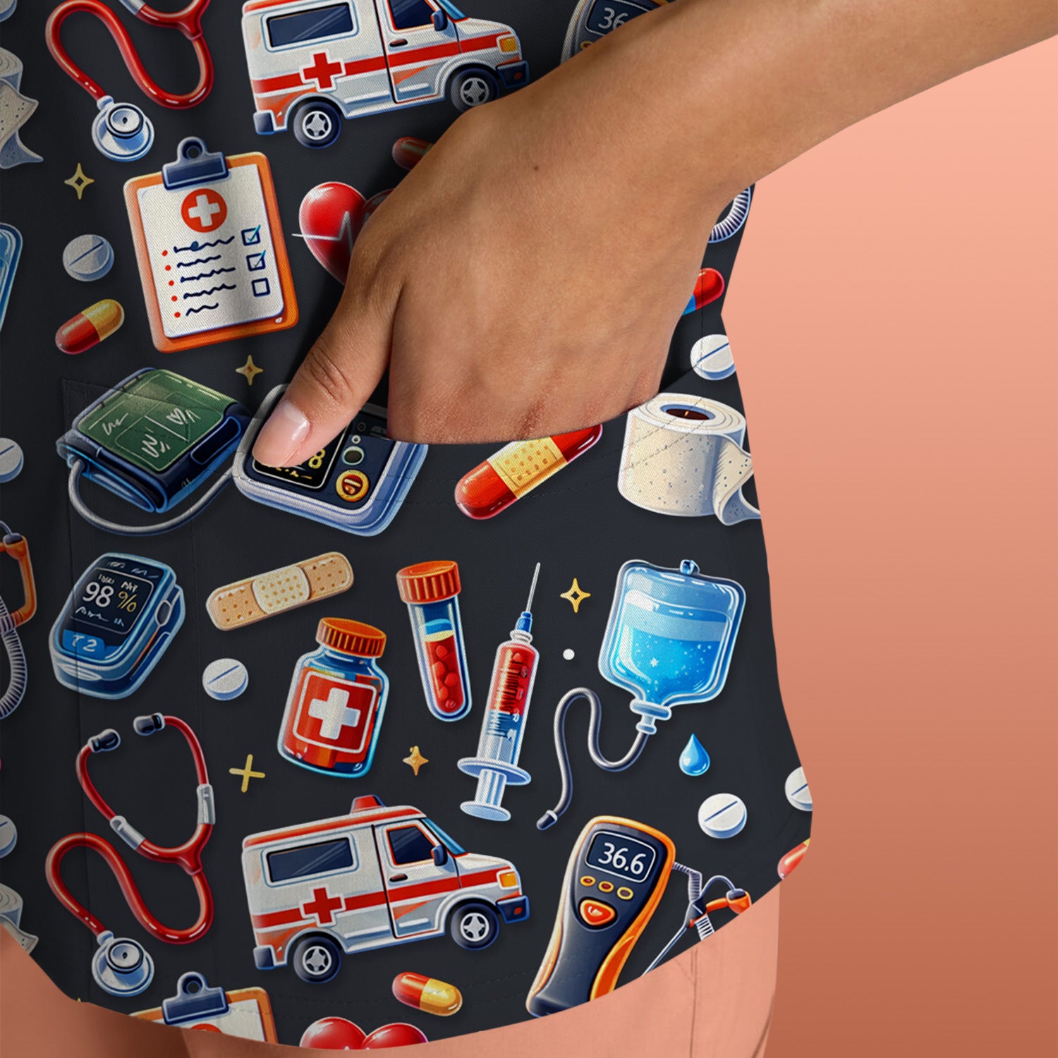 Medical Tools Pattern Ambulance Stethoscope Scrub Top, Comfortable Scrubs for Nurses