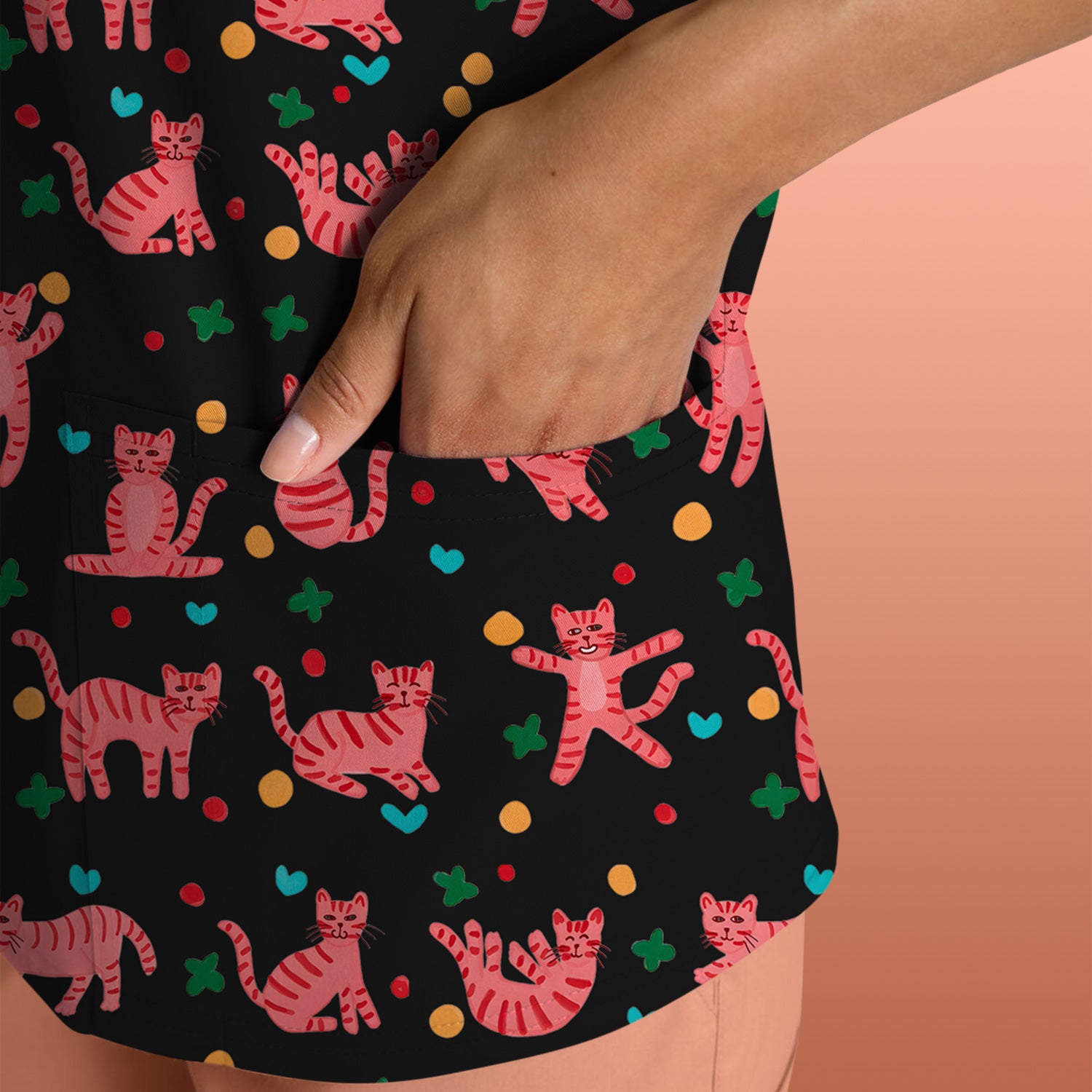 Cute Pink Cat Pattern Scrub Top, Comfortable Scrubs for Nurses