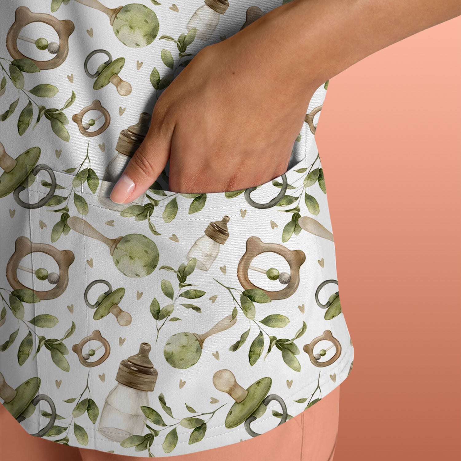 Cute Baby Bottle and Greenery Pattern Scrub Top, Breathable Fabrics Nursing Uniform