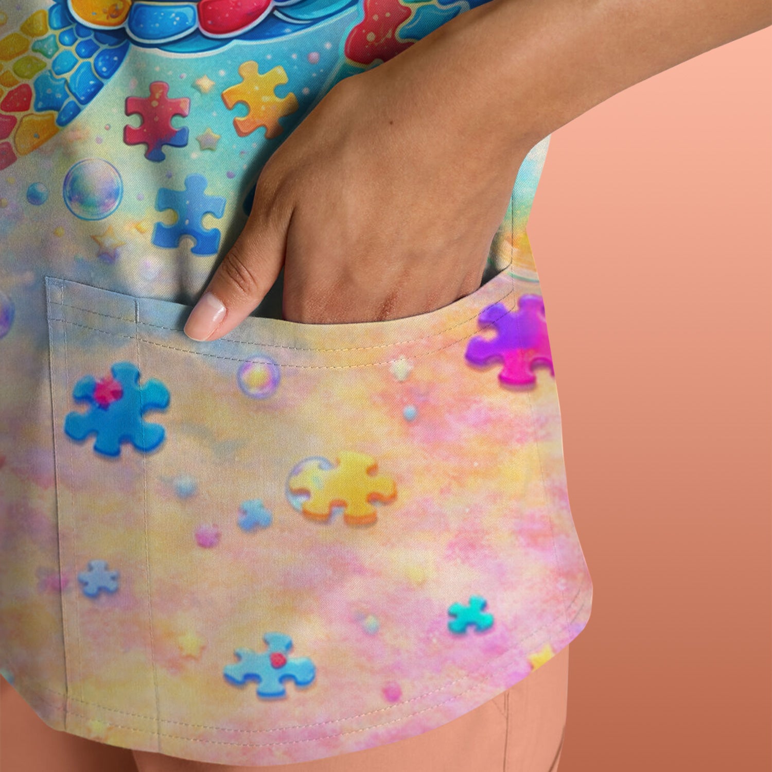 Autism Puzzle Sea Turtle Pastel Rainbow Print Scrub Top, Comfortable Scrubs for Nurses