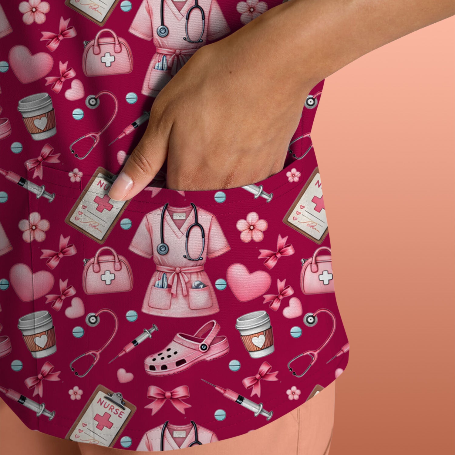 Valentine Pink Nurse Icons Print Scrub Top, Comfortable Scrubs for Nurses