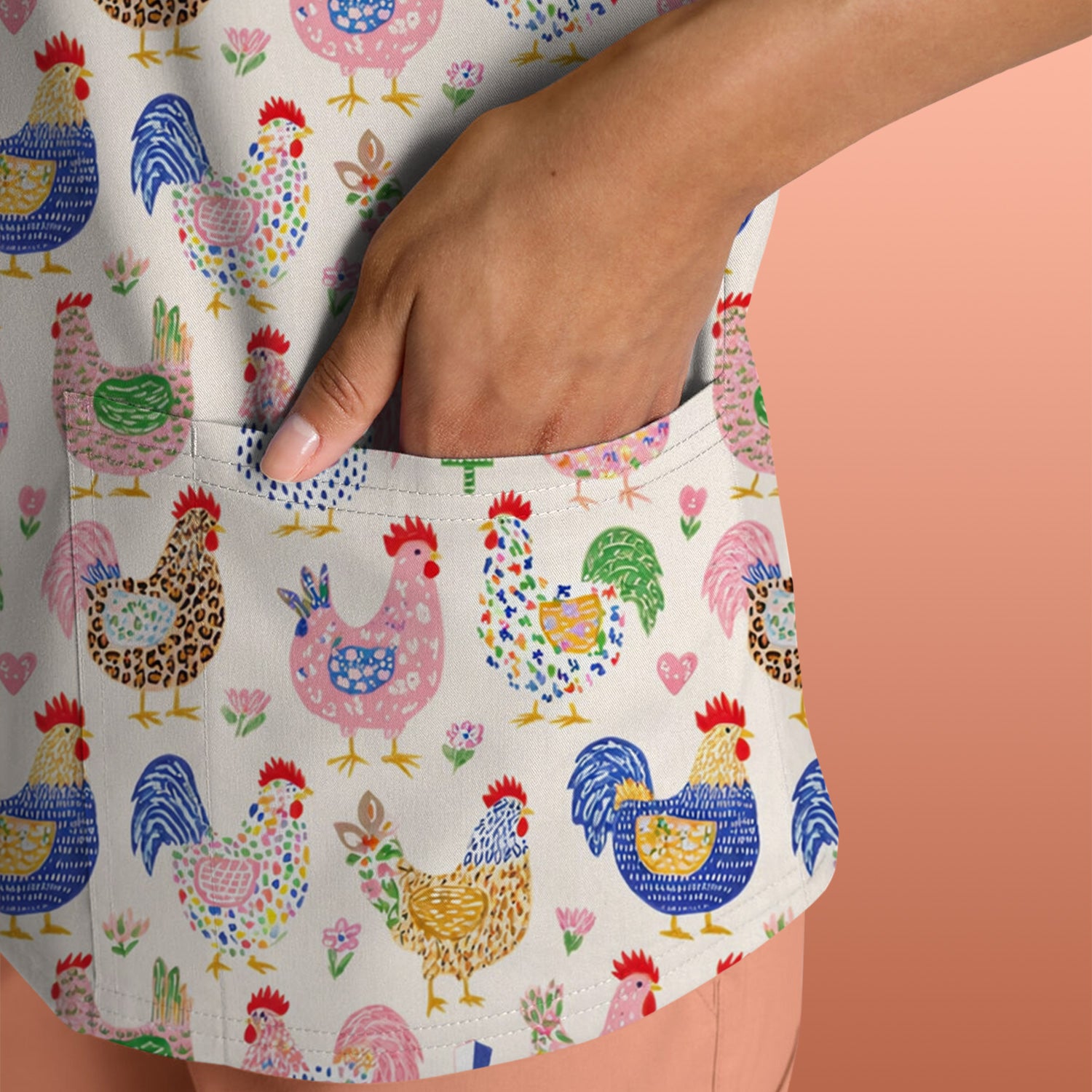 Colorful Chicken Farm Pattern Scrub Top, Breathable Fabrics Nursing Uniform