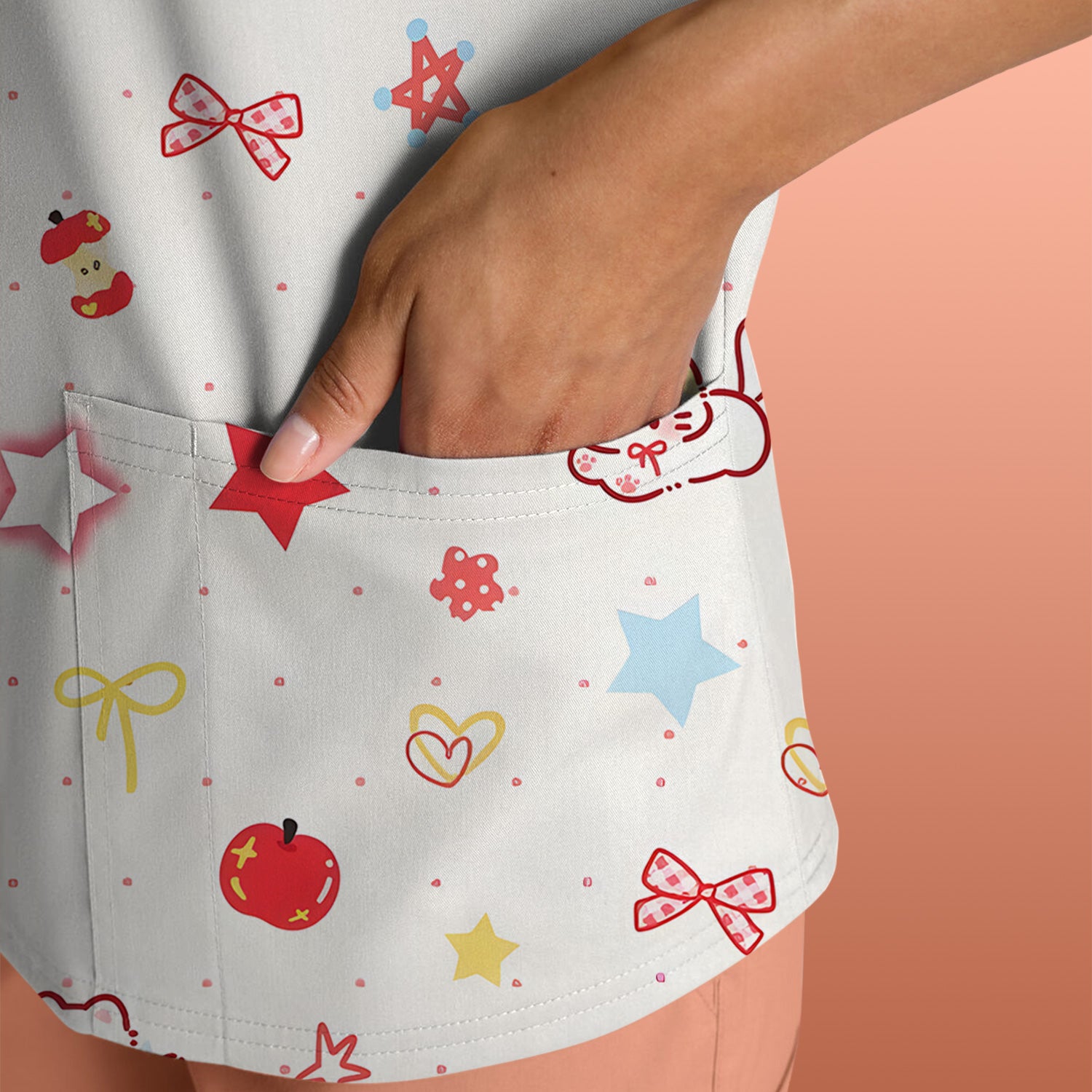 Cute Kawaii Cat Bow Star Pattern Scrub Top, Comfortable Scrubs for Nurses