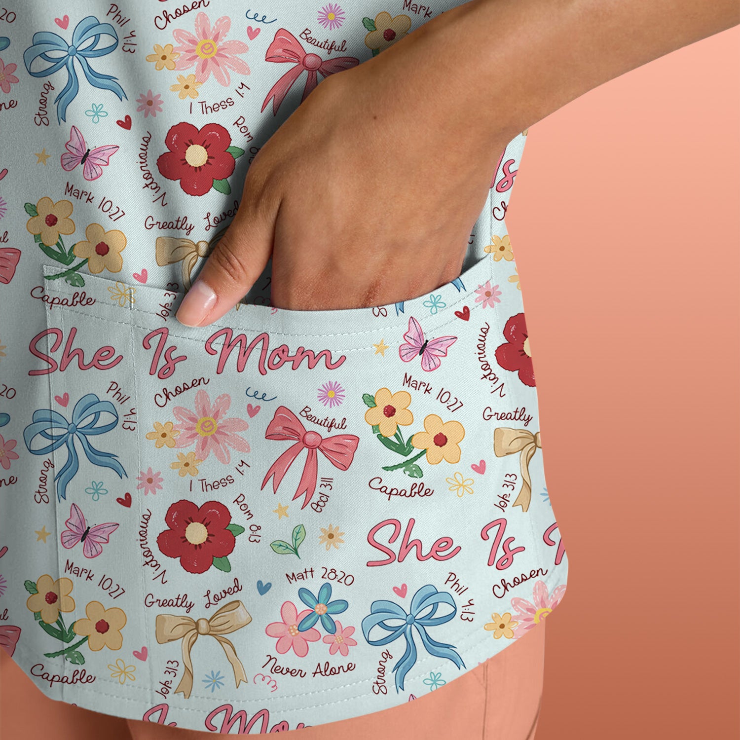 She Is Mom Floral Bow Pattern Scrub Top, Comfortable Scrubs for Nurses