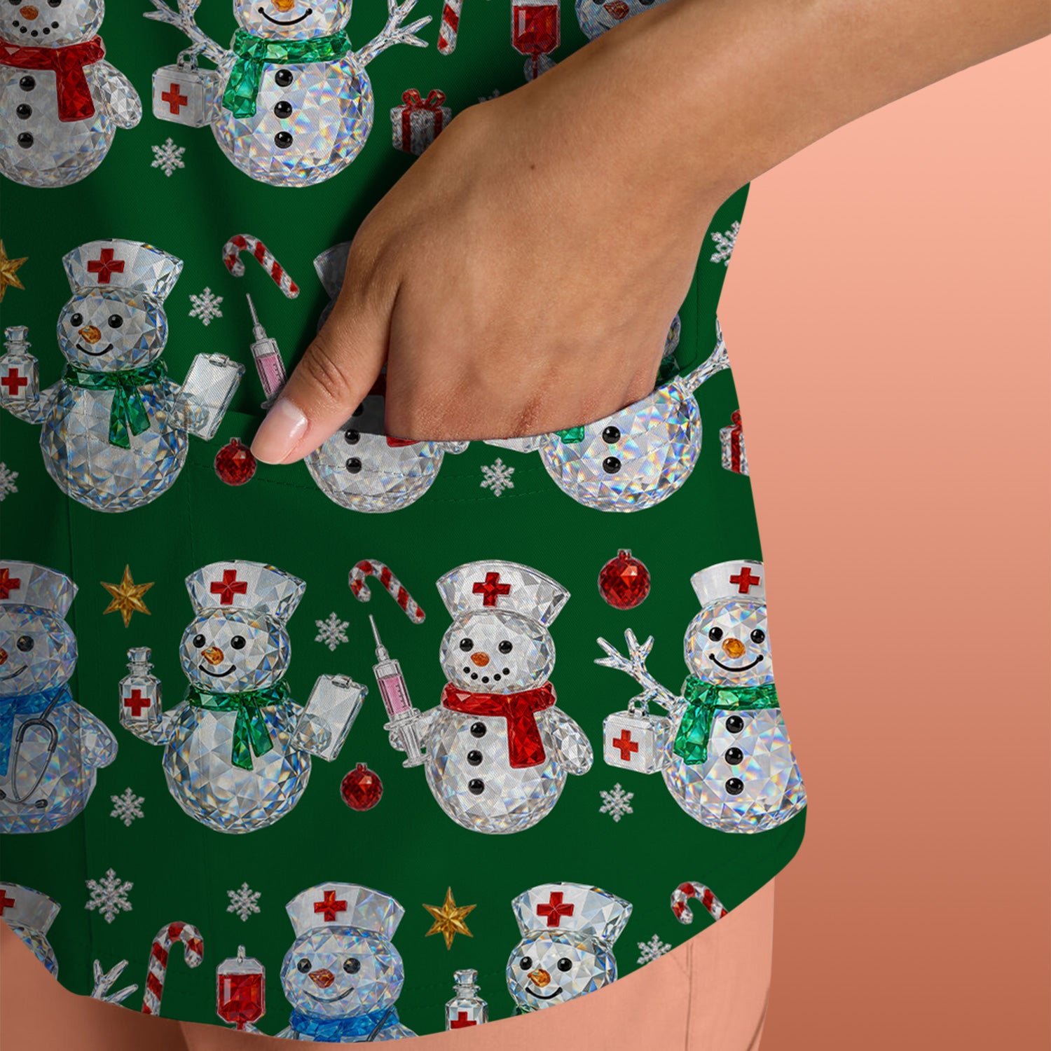 Nurse Snowman Christmas Scrub Top, Cute Holiday Medical Pattern Shirt For Women, Winter Snowflake Nursing Uniform