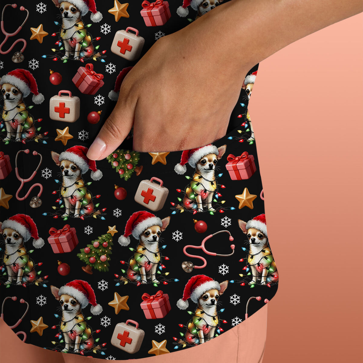 Funny Chihuahua Nurse Scrub Top, Christmas Dog Pattern Medical Shirt, Holiday Scrubs for RN, LPN, CNA, Vet Tech Gift