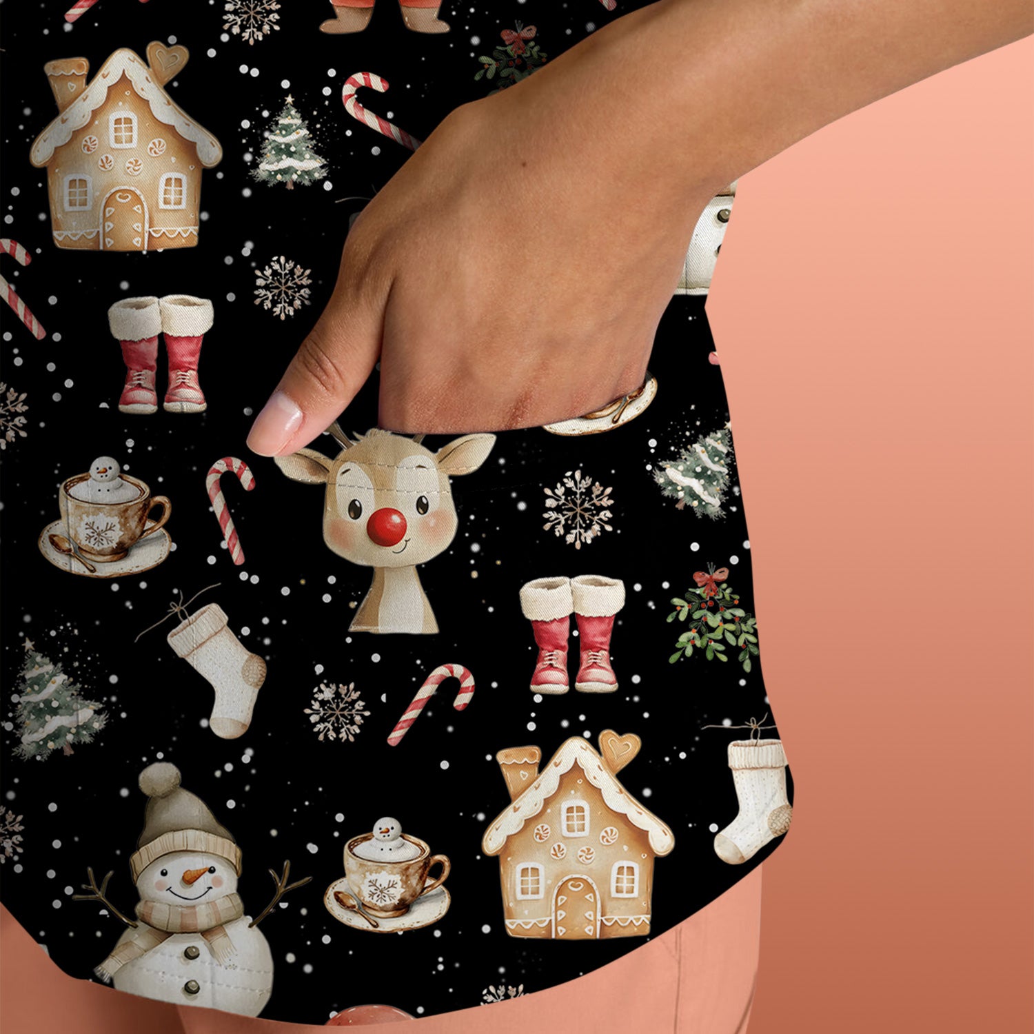 Christmas Santa Pattern  Scrub Top – Cute Medical Uniform for Nurses - Breathable Fabrics Nursing Uniform