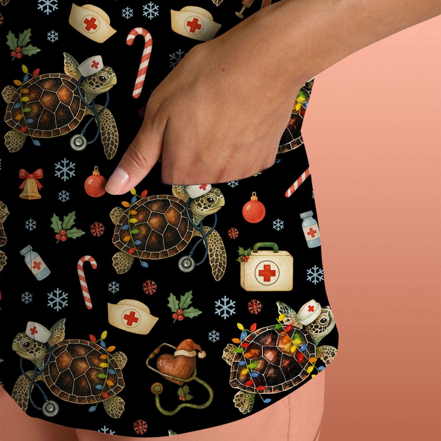 Funny Christmas Scrub Top - Sea Turtle with Xmas Lights Shirt - Holiday Nurse Scrubs for Women