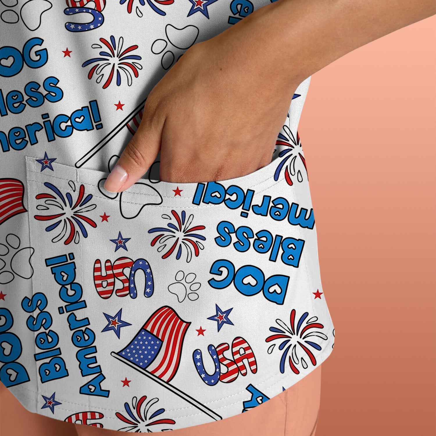 Funny Patriotic Dog Bless America Flag Pattern Scrub Top, Comfortable Scrubs for Nurses