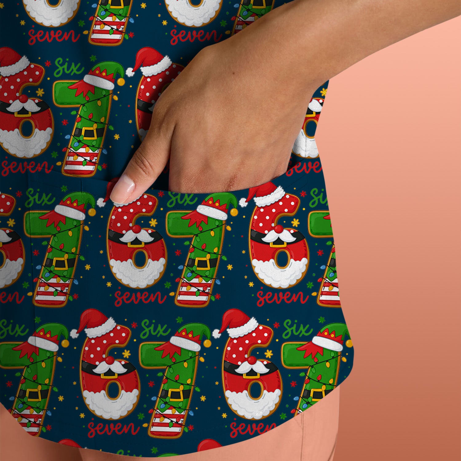 Christmas 67 Pattern Scrub Top, Festive Holiday Medical Uniform Shirt For Nursing