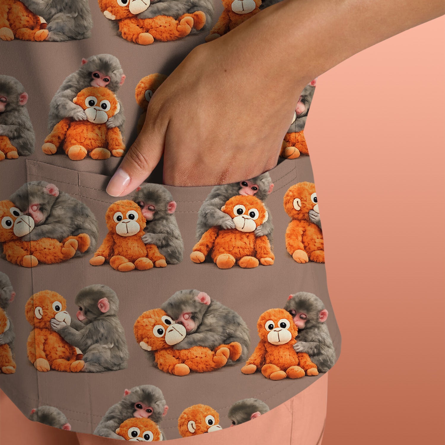 Cute Baby Monkey Plush Toy Animal Pattern Scrub Top, Breathable Medical Uniform Top
