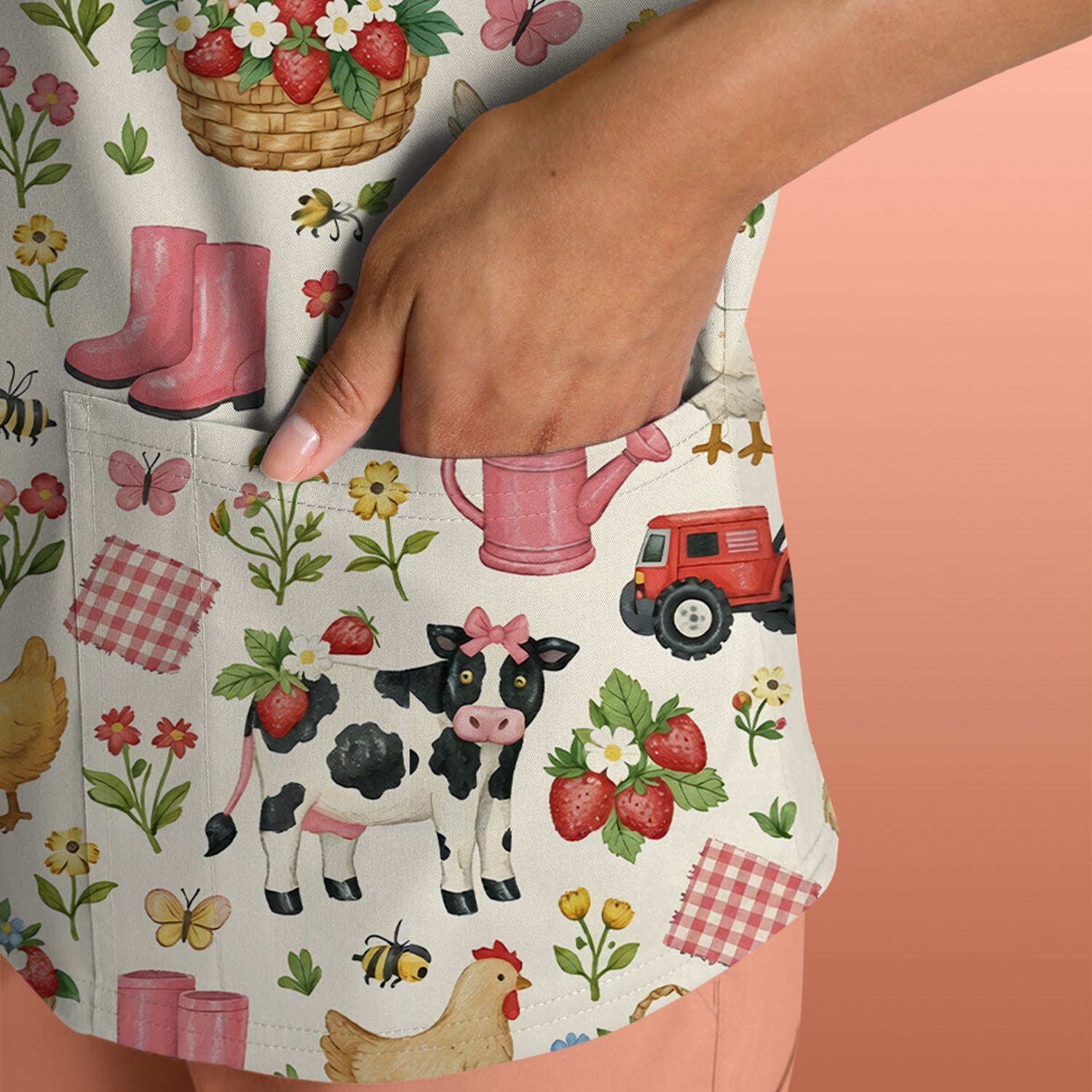 Whimsical Farm Animals Garden Pattern Scrub Top, Comfortable Scrubs for Nurses