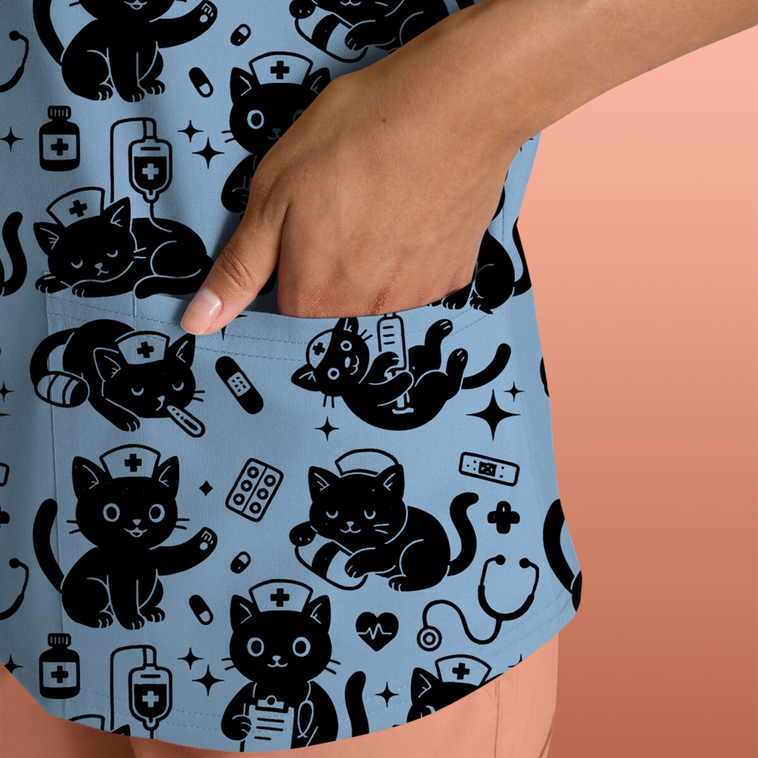 Cute Black Cat Nurse Pattern Scrub Top, Breathable Fabrics Nursing Uniform