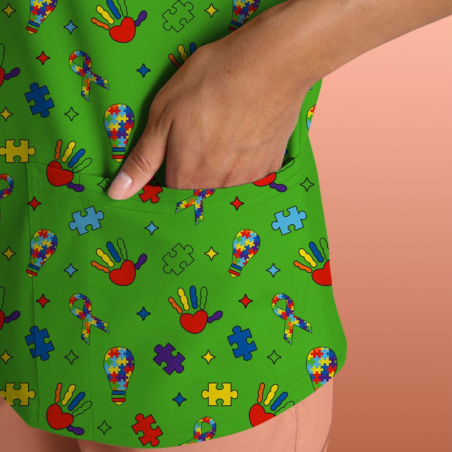 Autism Awareness Colorful Puzzle Pattern Scrub Top, Comfortable Scrubs for Nurses
