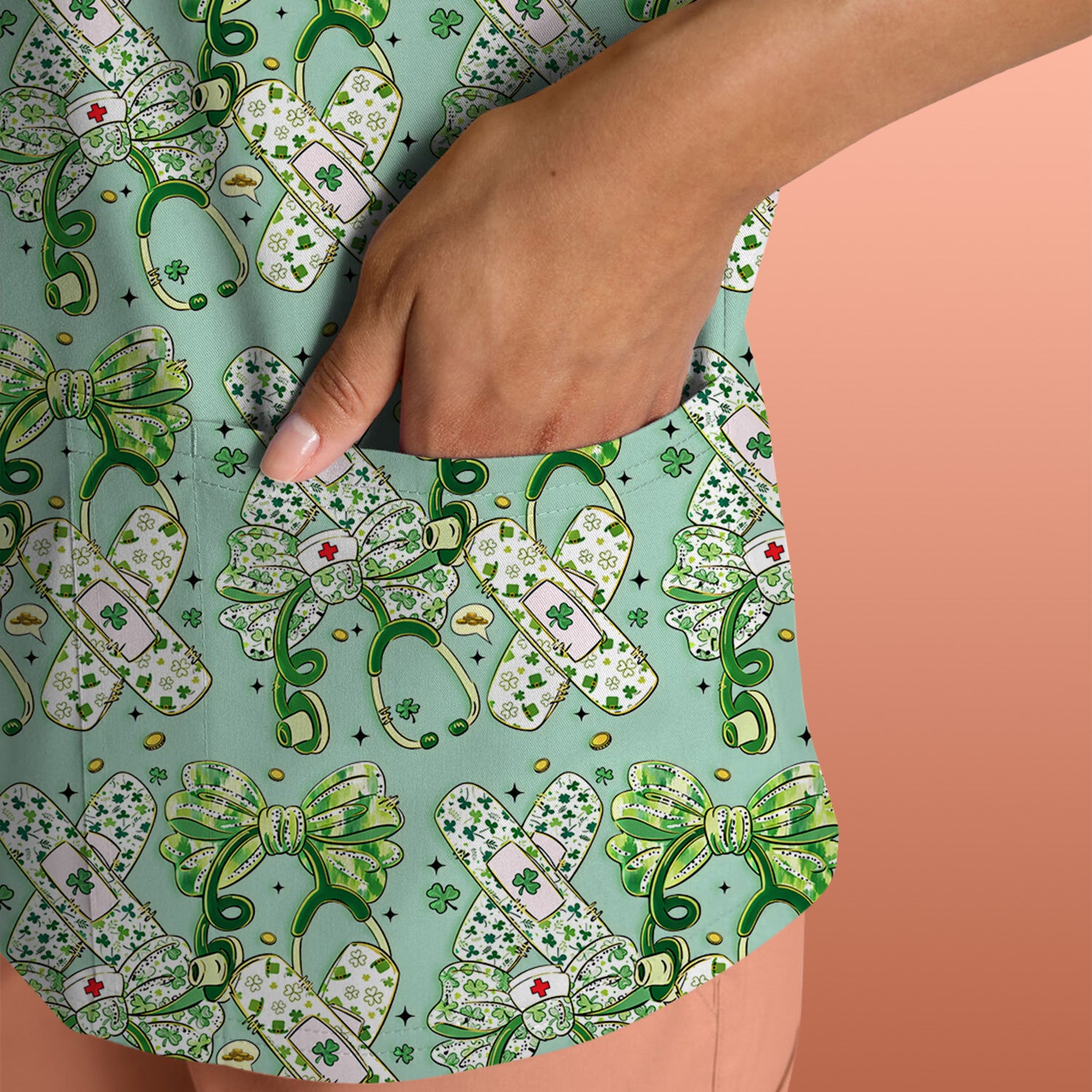 St Patrick Shamrock Stethoscope Bow Print Scrub Top, Breathable Fabrics Nursing Uniform