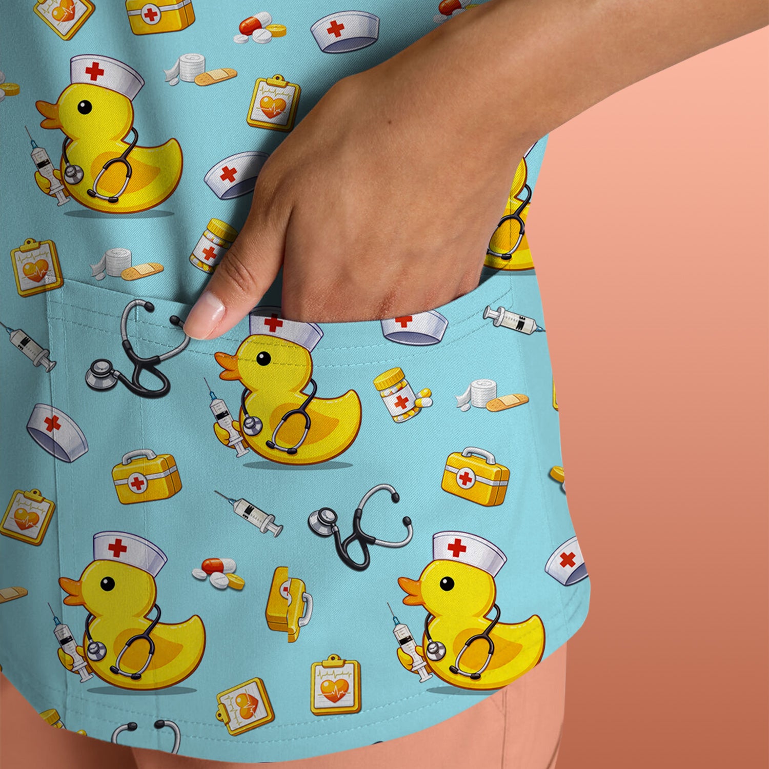 Playful Medical Duck Print Nurse Scrub Top, Comfortable Scrubs for Nurses
