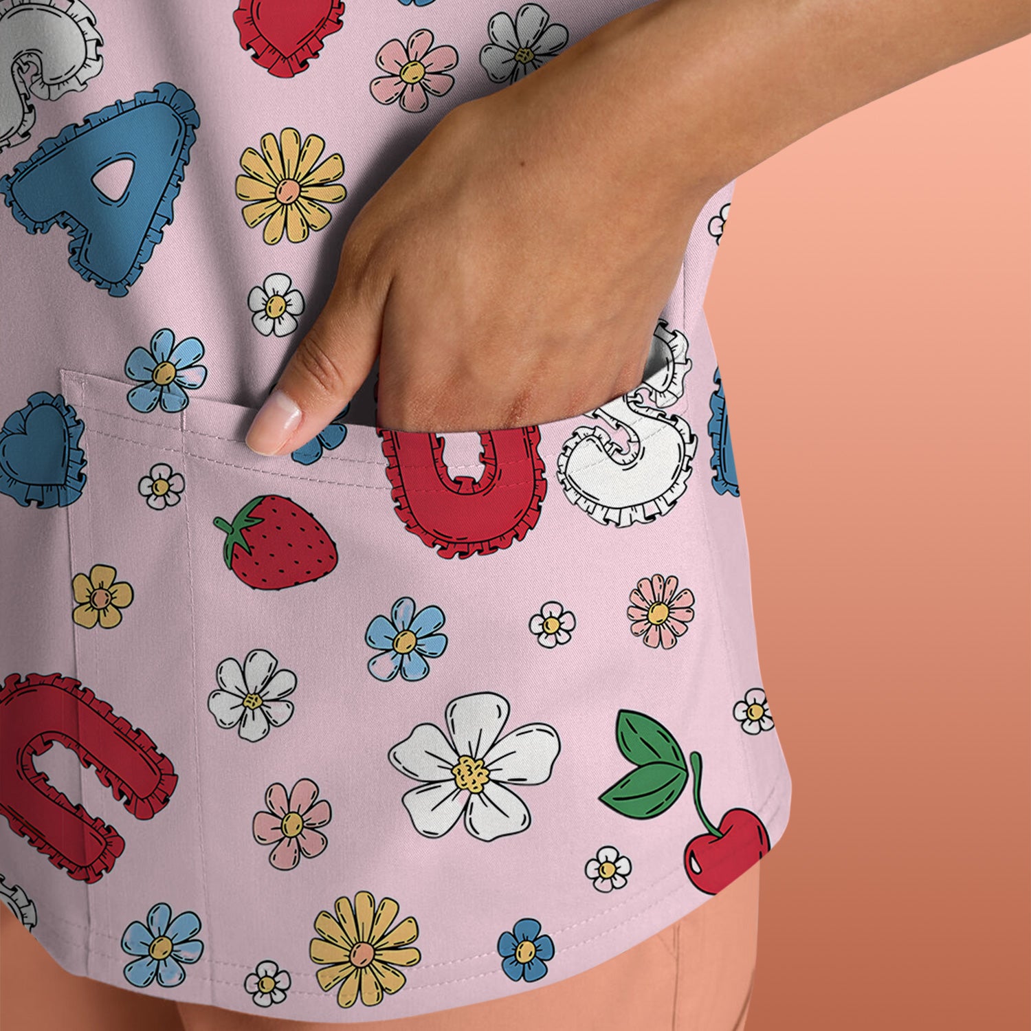 USA Cherry Strawberry Floral Patch Pattern Scrub Top, Comfortable Scrubs for Nurses