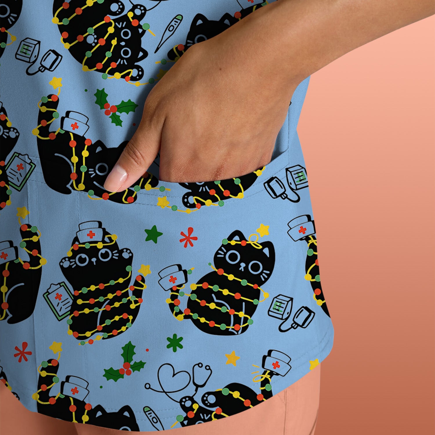 Black Cat Christmas Scrub Top – Nurse & Holiday Lights Pattern Shirt – Cute Medical Uniform For Nursing