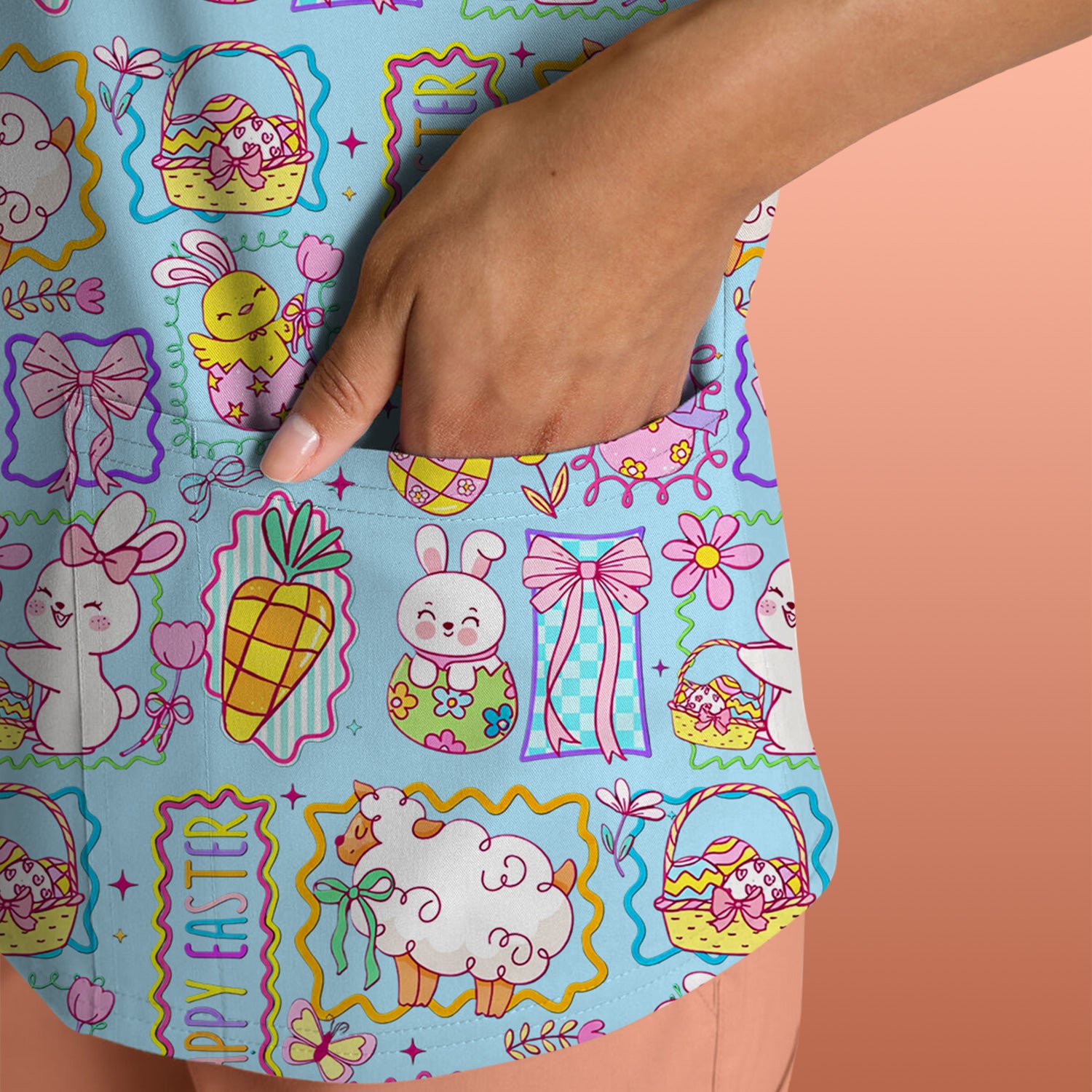 Cute Easter Bunny Egg and Bow Print Scrub Top, Breathable Fabrics Nursing Uniform