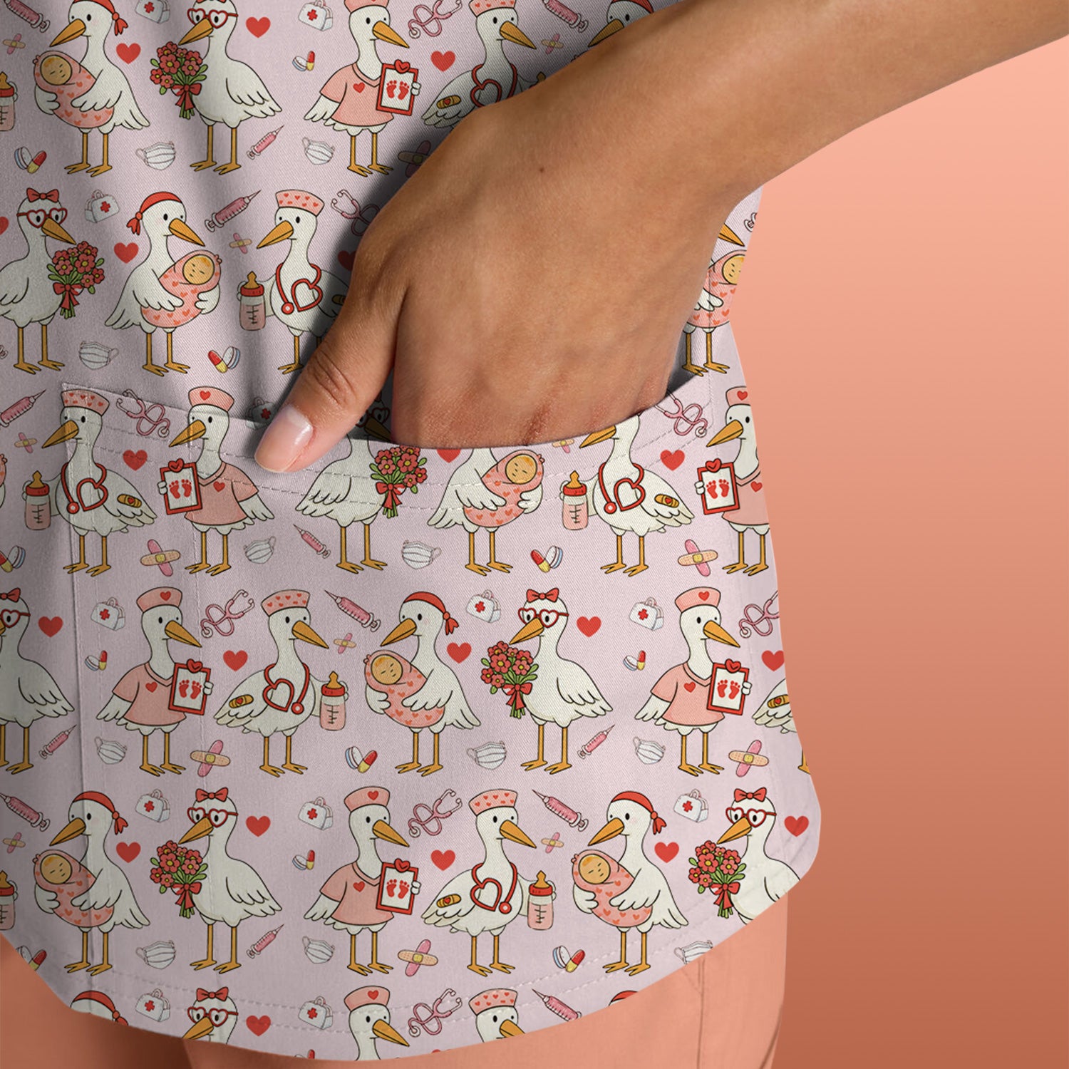 Cute Goose Nurse Valentine Pattern Scrub Top, Breathable Fabrics Nursing Uniform