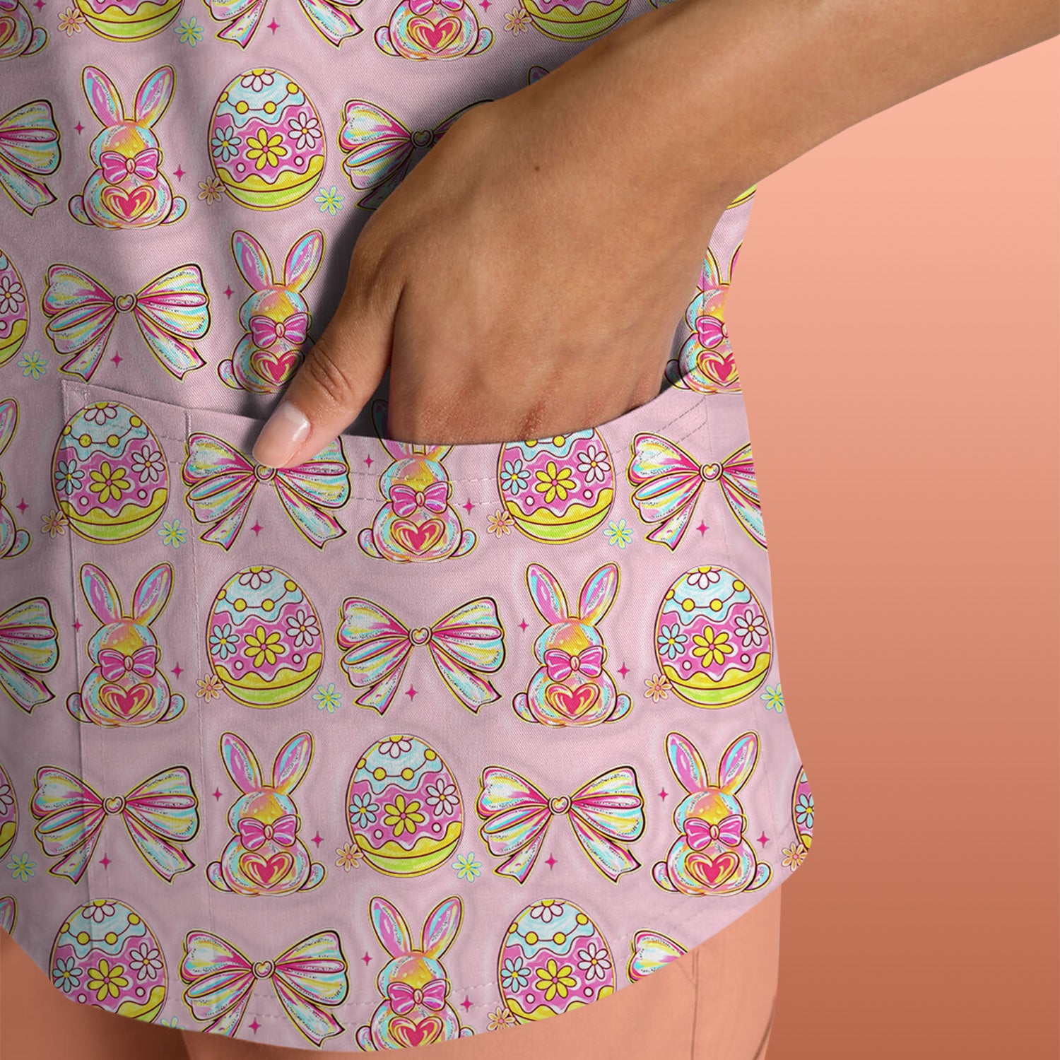 Easter Bunny Pastel Egg Bow Pattern Scrub Top, Breathable Fabrics Nursing Uniform