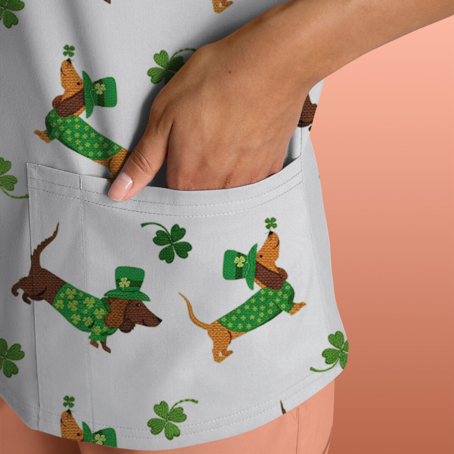 St. Patrick’s Day Dachshund Scrub Top, Funny Wiener Dog Nurse Shirt, Breathable Fabrics Nursing Uniform