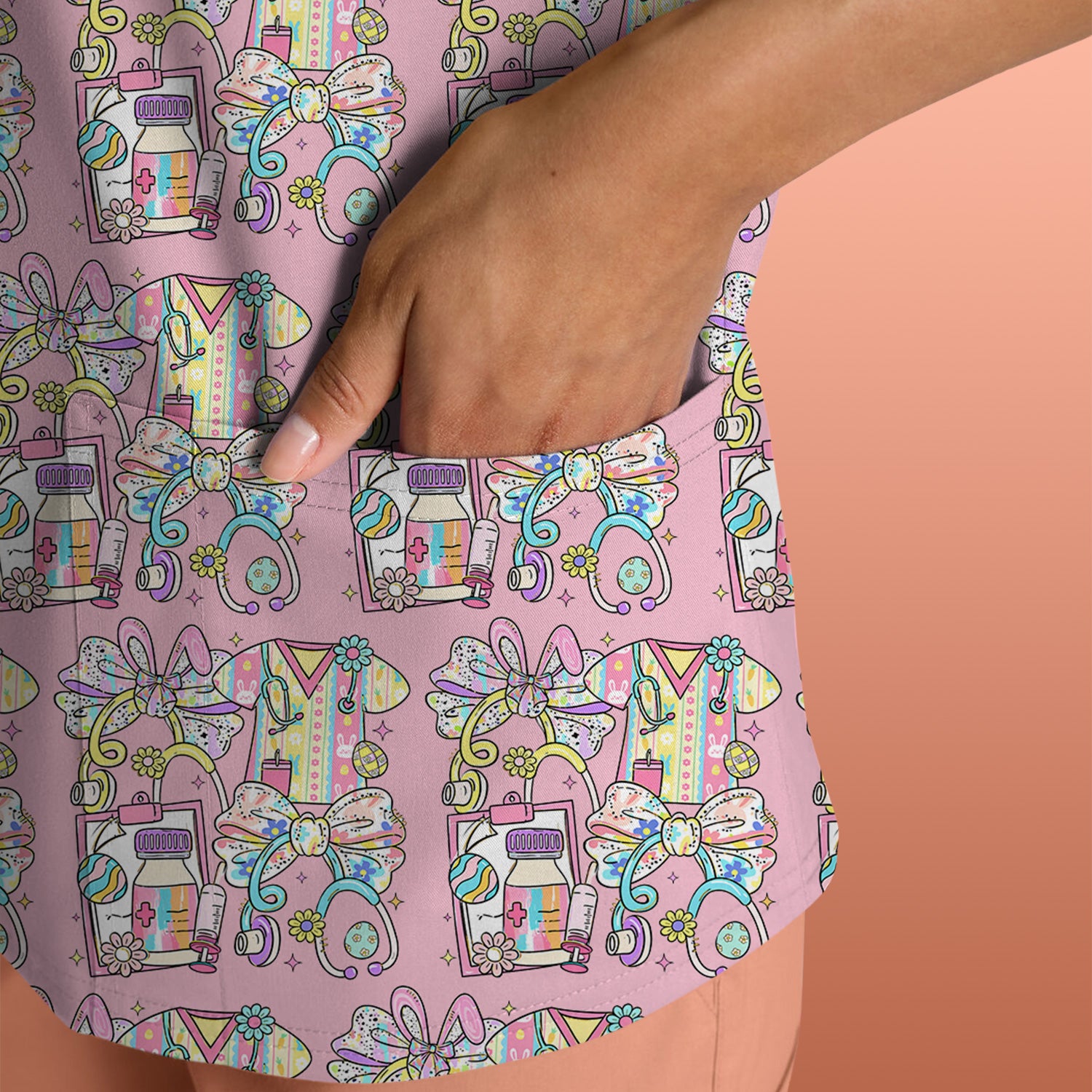 Colorful Nurse Scrub Supplies Pattern Scrub Top, Breathable Fabrics Nursing Uniform