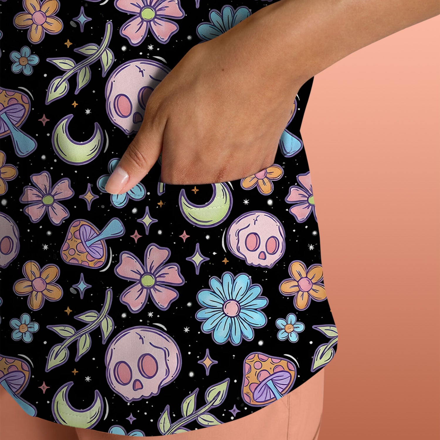 Neon Skull Mushroom Floral Scrub Top, Colorful Gothic Nurse Scrubs Uniform