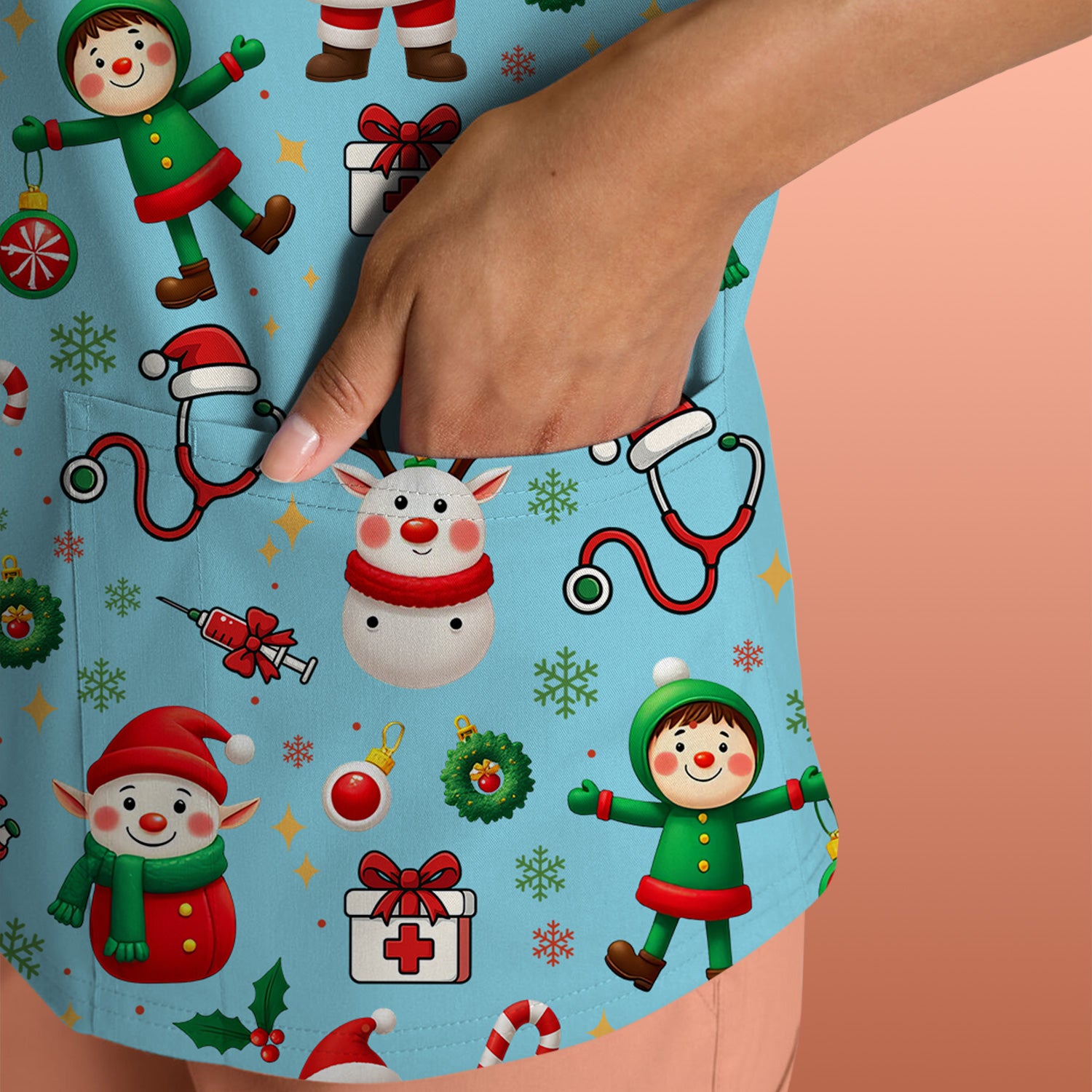 Christmas Scrub Top for Nurse - Cute Santa Elf Reindeer Medical Shirt - Festive Holiday Scrubs for Women RN CNA LPN Gift