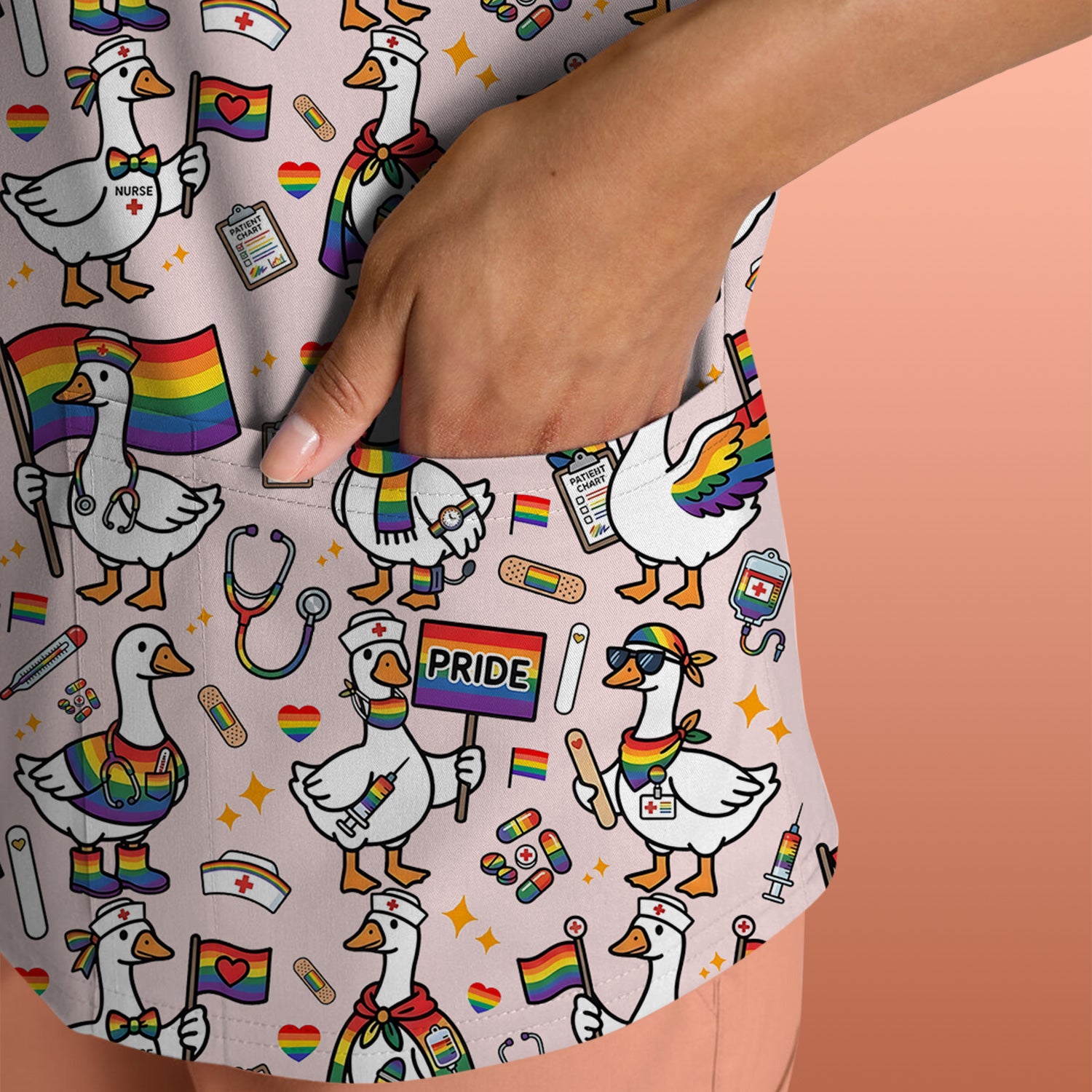 LGBT Pride Nurse Duck Pattern Scrub Top, Breathable Fabrics Nursing Uniform