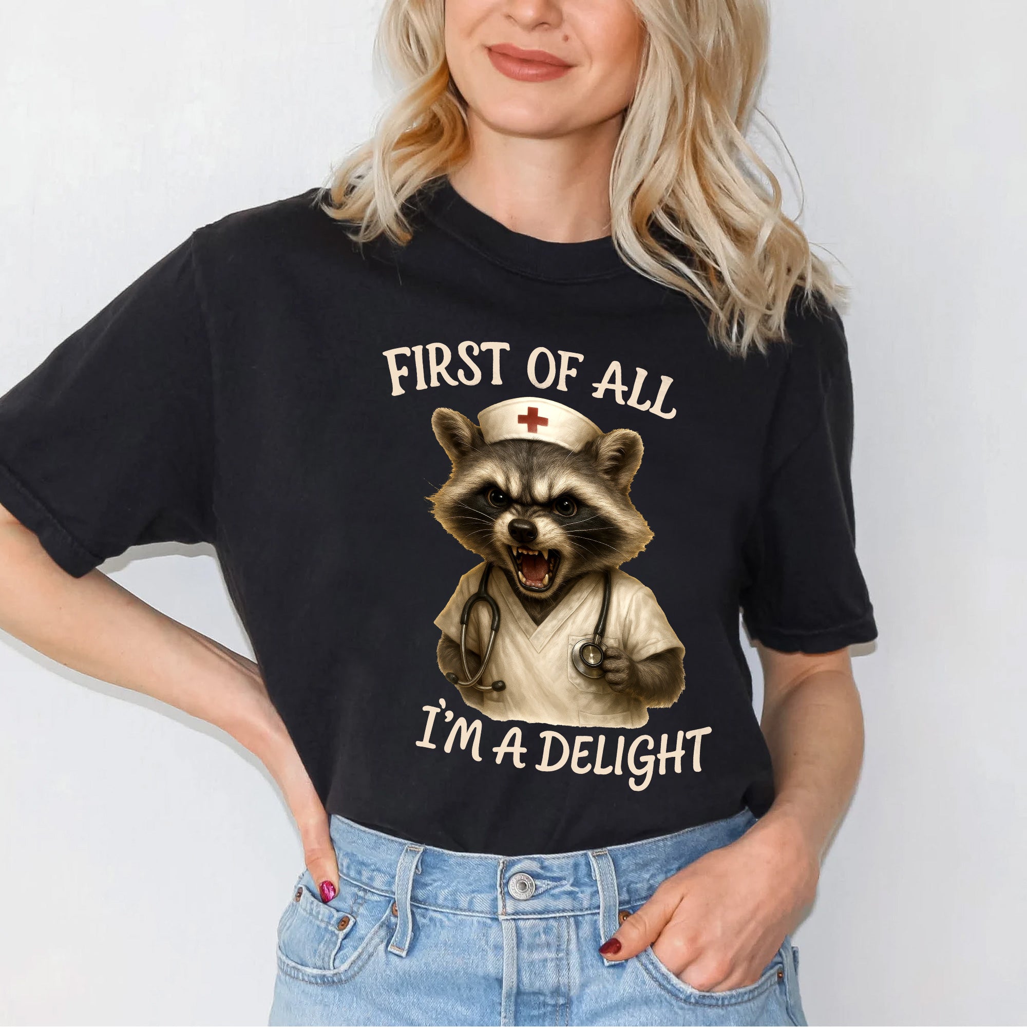 Personalized Raccoon Nurse Shirt for RN LPN CNA – Funny Quote I’m a Delight Nurse Gift – Cute Sarcastic Tee for Healthcare Workers