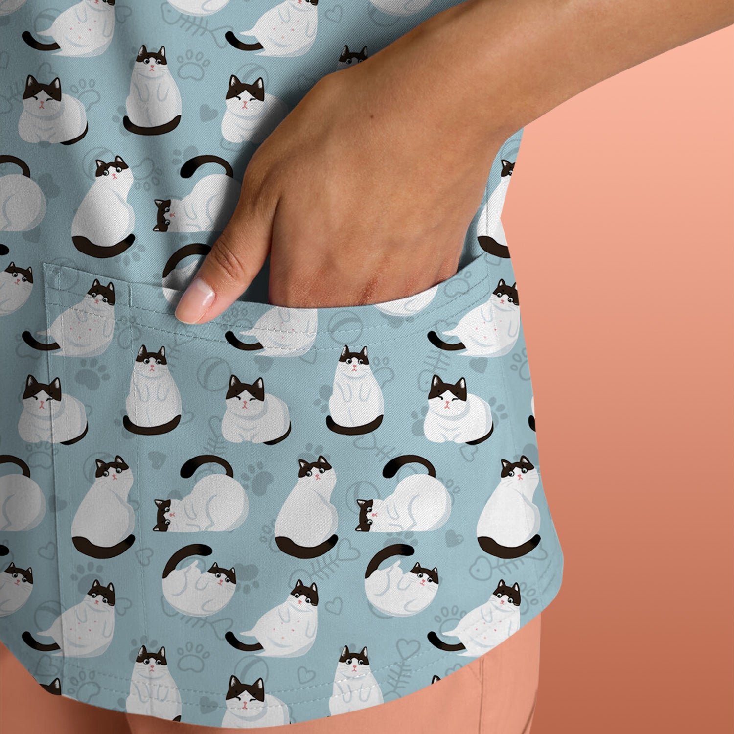 Cute Cat Pattern Medical Scrub Top, Breathable Fabrics Nursing Uniform