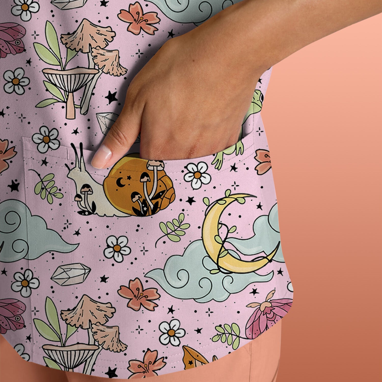 Whimsical Frog Moon Mushroom Pattern Scrub Top, Fantasy Nature Print, Breathable Fabrics Nursing Uniform