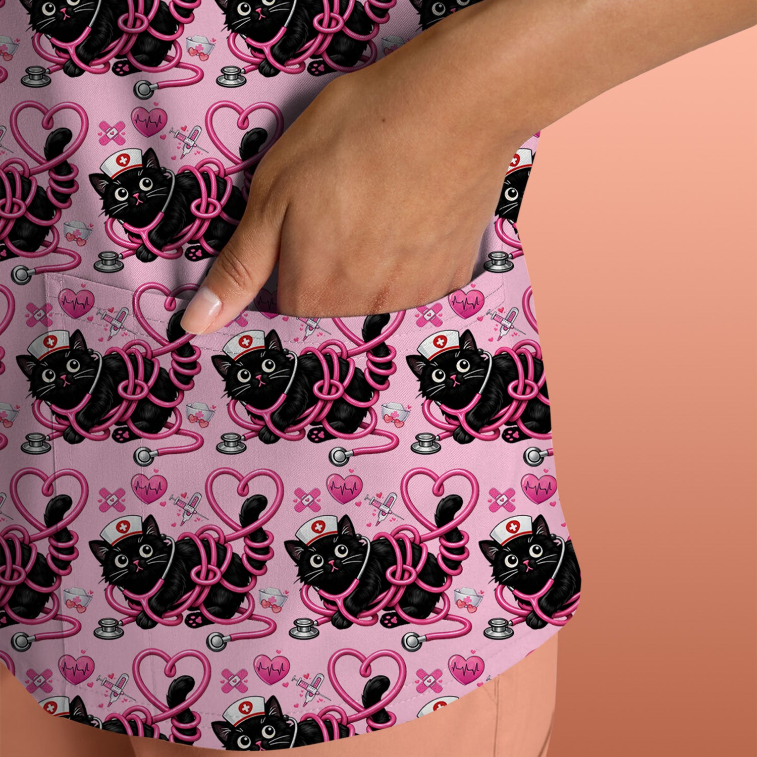 Valentine Cute Cat Nurse Heart Print Scrub Top, Comfortable Scrubs for Nurses