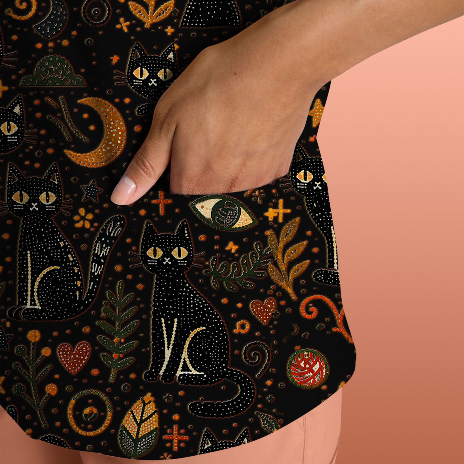 Mystic Black Cat Celestial Doodle Pattern Scrub Top, Comfortable Scrubs for Nurses