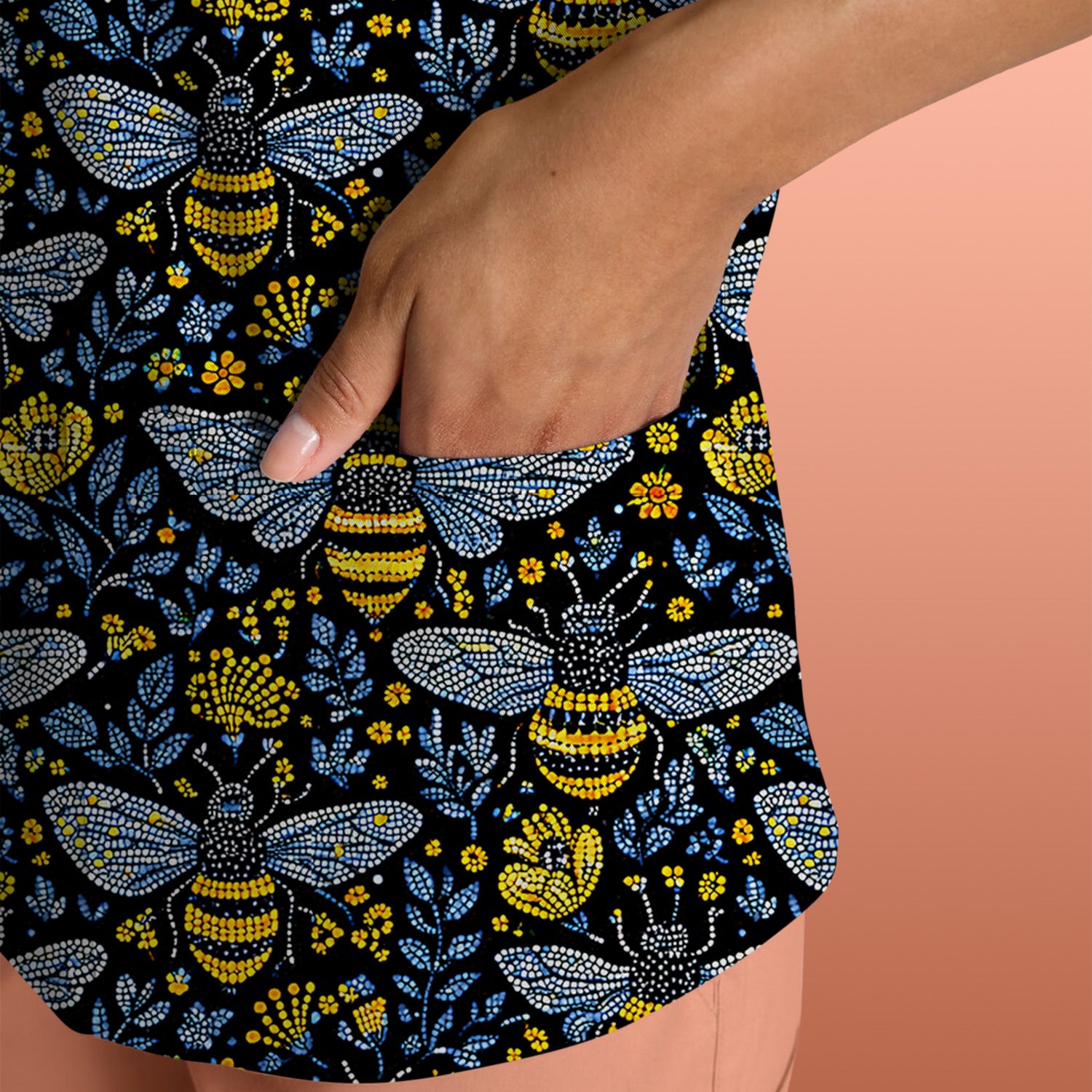 Honey Bee And Wildflower Garden Pattern Scrub Top, Comfortable Scrubs for Nurses