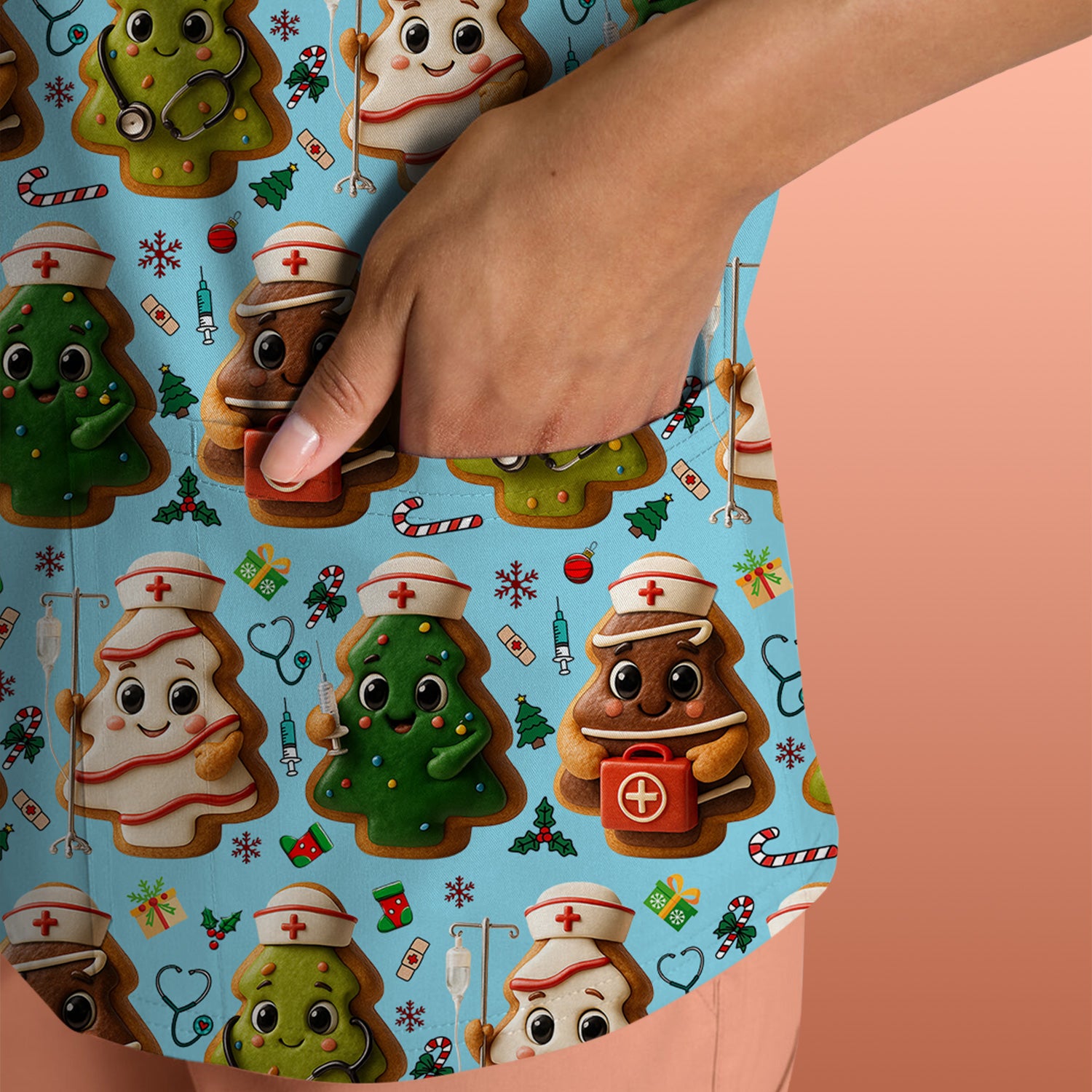 Christmas Cookie Scrub Top – Festive Nurse & Holiday Tree Pattern – Cute Medical Uniform for Nurses, Vets and Healthcare Workers