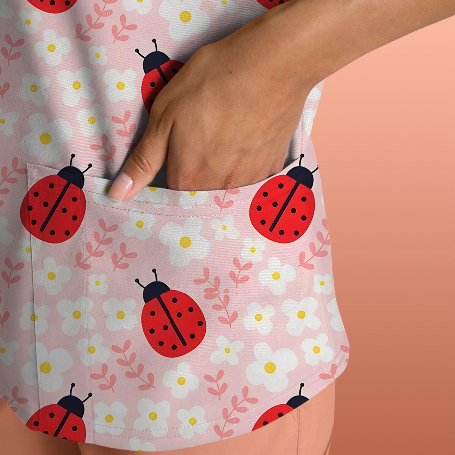 Cute Ladybug Blossom Print Scrub Top, Pastel Garden Medical Scrubs for Women