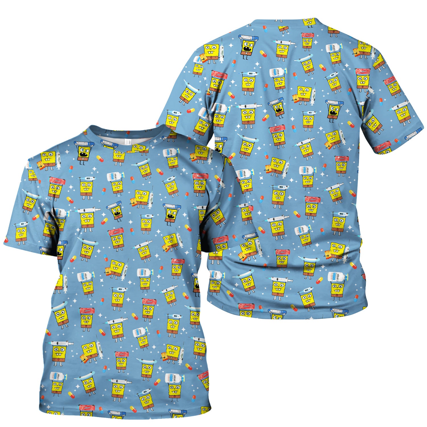 Cartoon Character Scrub Top - All-Over Print Doodle Medical Characters - Gift for RN LPN Healthcare Workers