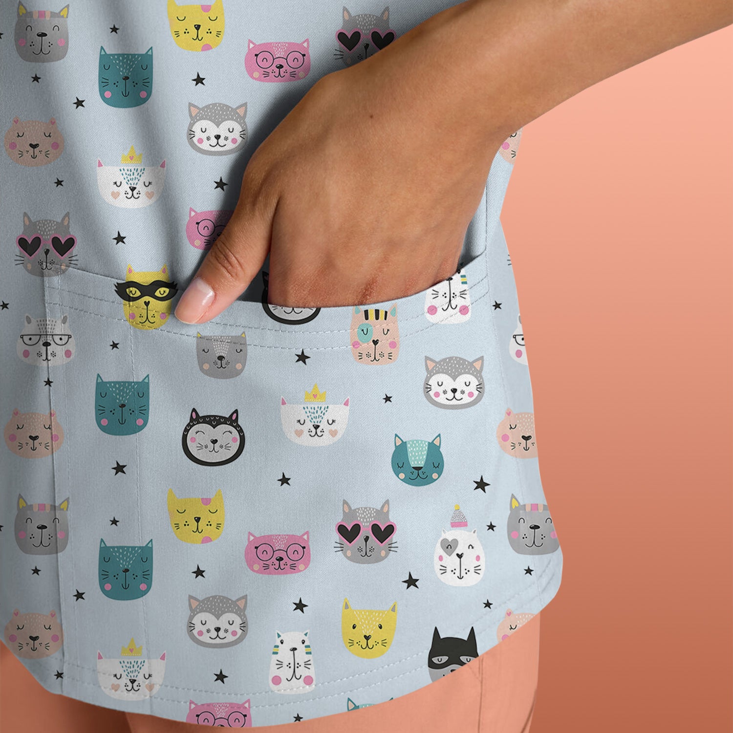 Cute Colorful Cat Pattern Scrub Top, Comfortable Scrubs for Nurses